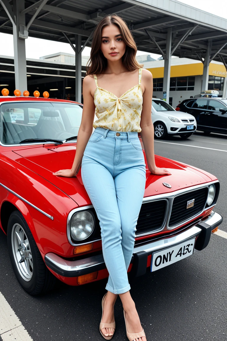 photography of a 17yo woman, perfect face, masterpiece, black shoes with high hill, yellow bra, appealing jeans half pants, cowboy hat ,standing in front of yellow car , full body