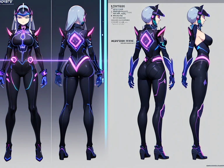 (Character sheet, concept), ultra-detailed female character, futuristic spy, maximalist beautiful studio soft light, vibrant details, lace, stockings, elegant