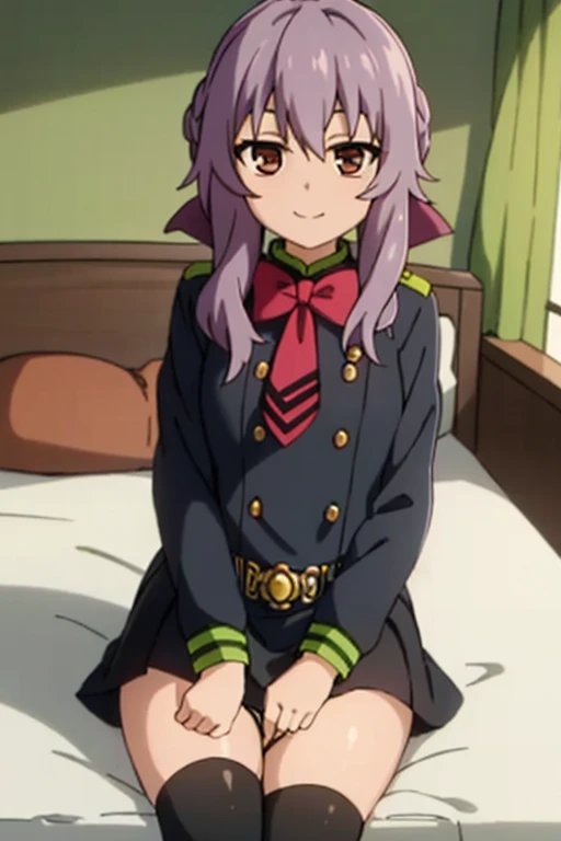 score_9, score_8_up, score_7_up, source_anime,ShinoaDef, purple hair, brown eyes, braided hair, purple hair bow, pink bow, black uniform, white armband, black thighhighs, white gloves, white belt, bed, sitting, <lora:ShinoaXL1-000010:1>