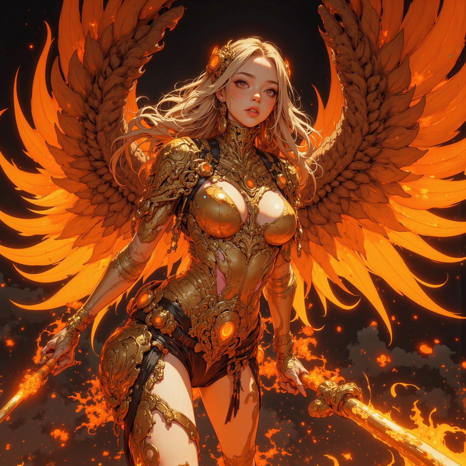 ผลงานชิ้นเอก,Realistic, beautiful, realistic Thai girl, full body, extremely realistic image, Valorant Fade, wearing golden armor with a fierce staff, surrounded by golden fire effects. The background is the shadow of the majestic Phaya Hong, spreading its wings, brutal style, emphasizing realism. Amazing 8k cinematic quality** - Stunning variety of formats, light smoke details(strong), DSLR super35, high contrast,