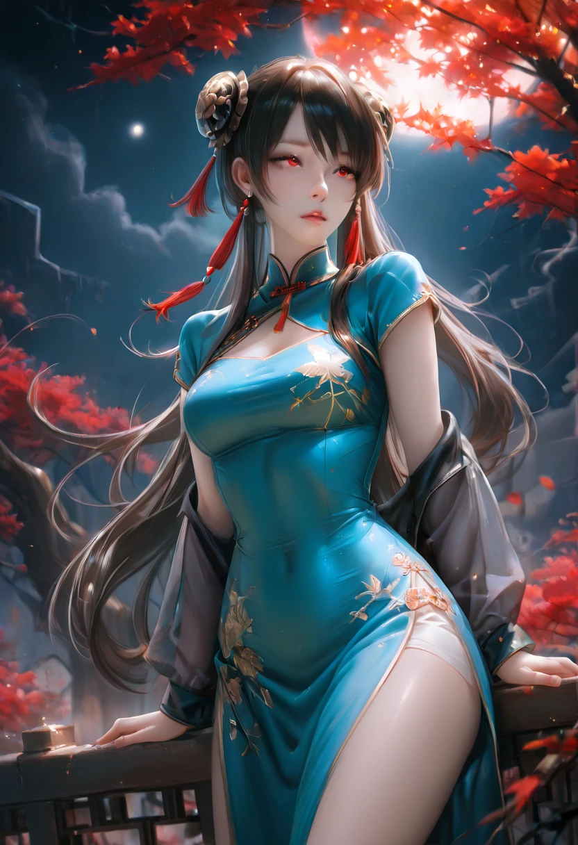 ((Highest quality)),(超High resolution),(Very detailed),(Detailed Description),((The best CG)),(masterpiece),Ultra-detailed art、(Highest quality、8k、32K、masterpiece)、(Realistic)、(Realistic:1.2)、(High resolution)、Very detailed、Very beautiful face and eyes、1 female、Tight waist、Delicate body、(Highest quality、Attention to detail、Rich skin detail)、(Highest quality、8k、Oil paints:1.2)、Very detailed、(Realistic、Realistic:1.37)、Bright colors、Beautiful Japanese Woman、Detailed face、Smooth Skin、Big Breasts、"A Chinese woman working in a futuristic Chinatown、Elegant and modern Chinese dress(Qipao)I am wearing。This dress is moisture wicking and quick drying.、Breathable、Wrinkle-resistant、Made from durable, high-performance fibers、Has a silky shine。The color is deep red、Emerald green、Royal Blue、gold、Traditional Chinese colors such as silver。The dress is tight-fitting and shows off the body line beautifully.、Stand-up collar(Mandarin Color)Features intricate embroidery and piping。Cap or short sleeves、Traditional Chinese buttons line the front、Side slits for ease of movement。dragon、Phoenix、flower、Embroidered motifs such as clouds are applied.、Pair it with flat shoes or low-heeled pumps.。These shoes are also embroidered and beaded.。She wears simple Chinese style earrings、necklace、Wearing accessories such as bracelets、Traditional hair ornaments(Hairpins and hairpins)We are using。The scene is、In a vibrant and colorful Chinatown environment、A vibrant store、Hanging lanterns、Surrounded by bustling open-air markets、It looks like they are graciously serving customers.。The background combines traditional Chinese architectural elements with futuristic elements.、A vibrant and dynamic atmosphere is depicted。"