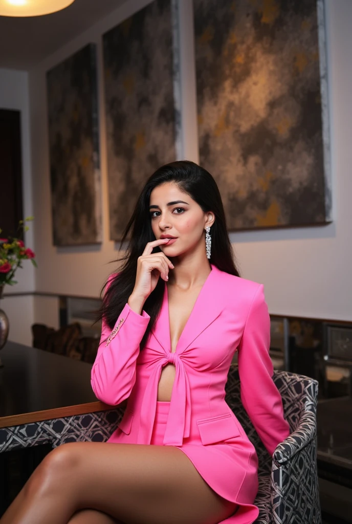 Create an ultra-realistic image of a modern, attractive female influencer of Indian descent, aged between 27 to 30. She should have a warm and inviting smile, expressive almond-shaped eyes with a slight shimmer, and clear, glowing skin with a medium brown complexion. Her features should be well-defined, with high cheekbones and a sharp jawline. Her hair should be long, thick, and wavy, with a natural shine and bounce, styled in loose waves, colored in a deep, reddish-purple hue that's bold yet sophisticated. She should have a slender yet athletic build, reflecting a healthy and active lifestyle, with a large bust size (44-46 inches) that is balanced and proportionate, offering versatility in fashion, and an increased butt size. She is wearing a whimsical pink tulle strapless frock with layers of soft tulle and a fitted bodice, creating a playful and feminine look. The background should be an outdoor garden party with string lights, floral arrangements, and elegantly set tables under a clear sky, suggesting a lively and elegant atmosphere. Her overall appearance should exude confidence, approachability, and sophistication, capturing the essence of a contemporary Indian fashion influencer, with a particular focus on her larger bust.