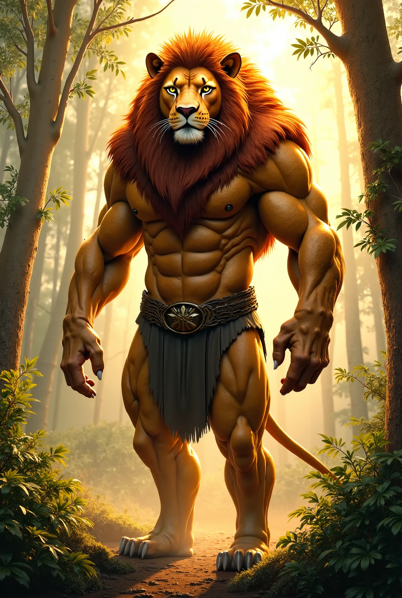 Uma imagem realista de Lion-o dos thundercats, super gigante musculoso, with muscular arms, olhos azuis, uma cauda, super peludo de pelo marrom, com as veias saltando, ombros largos, giant toned physique, veias musculares estourando, usando colete azul rasgada, standing barefoot, levantando uma barra de pesos extremamente pesada, em seu castelo