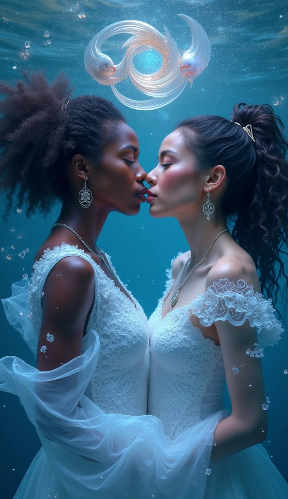 Portrait of two girls kissing, unravel, Ride the waves, Cast A Spell, Heavenly, Divinity, Hope, Ethereal, Symmetry, God-rays, Hooded, God-rays, DnD, Exterior, Octane Render, Insanely Detailed, 8k, HD, Artstation,
