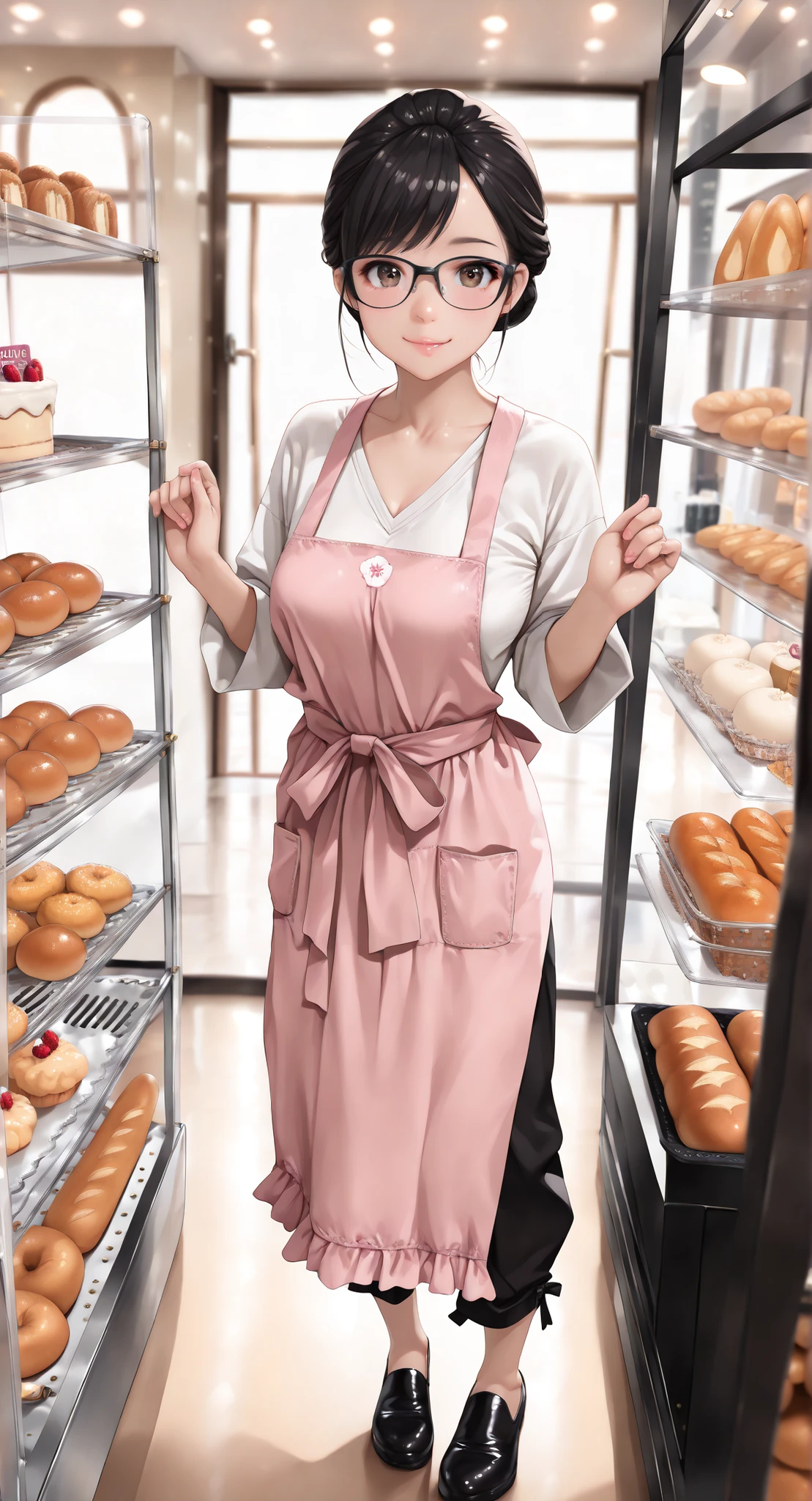 (Masterpiece, best quality, vibrant, high contrast, hyperrealistic, top quality, high sharpness, realistic, ultra realism, sharp, detailed clothes, highly detailed character, High Resolution, 16k, very detailed, Volumetric lighting, depth of field, cinematic, vibrant, dynamic lighting, dramatic light. Atmospheric effects. :1.3), 1girl, solo, 18 years old, ((Korean, Asian, young, youthful, young adult)), Pastry chef, adorable, (long black hair pulled back into a low bun and tied with a sky-blue thin ribbon, swept bangs, strands framing her face, a very messy but intentional style). expressive slanted brown eyes, bright smile, shortstack, large-medium perky breasts, (Young adult, cute, youthful), Background: Small family owned Pastry shop, cute and homey decorations, pots and pans, baking ingredients, window view of Seoul street, baking utensils, ((wearing a short-sleeved white v-neck t-shirt, black modern Korean Baji pants, cute low-cut frilly pastel pink apron, Large black rimmed glasses, lip gloss, black eyeliner, black flat shoes)), Theme: A Young eighteen-year-old Korean girl starts her own pastry shop. Standing behind glass display counter next to the cash register. kyomesug_yuu. thigh-length apron. cute pose while standing at the countertop, full pouty lips. bakery, indoors, shop, small amount of bread and baguette, donuts, cakes, cookies, all neatly arranged inside glass display case backdrop, window, Cute and adorable.