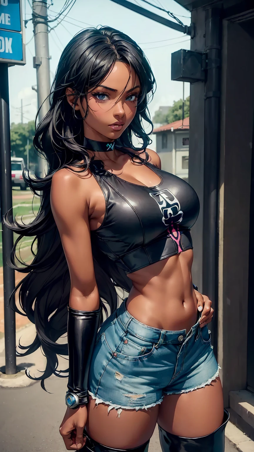 (1 mulher), (Sozinho), maduro, cabelo preto profundo, Cabelo ondulado, cabelo curto, Pale skin, camisa preta cortada, jaqueta vermelha, corpo muscular, average , tatuagens, jeans azul profundo, sorriso arrogante, cicatrizes no rosto