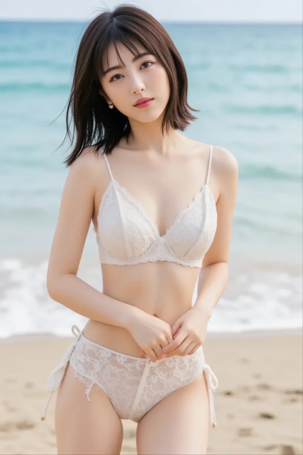 (real, photorealistic:1.37),Best quality, highres, 8k,, masterpiece, immersive atmosphere, chiaroscuro:(1.5,bright light:1.2, luminous lighting),(background blur:1.5),blurring,
A sexy korean female, 25 years old, beautiful female, red velvet irene, short blonde hair, blonde bangs, delicate features, clear white skin, pretty detailed nose, (real skin texture:1.3)(sexy figure:1.1),bright pink lips, sexy detailed lips, ,ponytail,
, excited face, ecstatic face, photogenic face, female, seductive, blushing face, green pretty eyes, realistic detailed eyes, sharp seductive eyes, open mouth showing teeth and tongue out, wet breasts, wet panties,Standing at a sandy beach, fully body from head to toe,wearing a white see through crop top shirt with pointy nipples, medium breasts, wet bra and panties, wearing a white see through mini shorts with cameltoe, see through nipples,poking nipples,camera at feet, show sexy legs and feet, sexy korean gravure model pose. Perfectly detailed Hands in breasts, detailed thighs, wet dripping hair, wet face, wet lips, sexy butt ass,
Female posing for the camera, showing her butt,thighs spread out, side view, side posing,