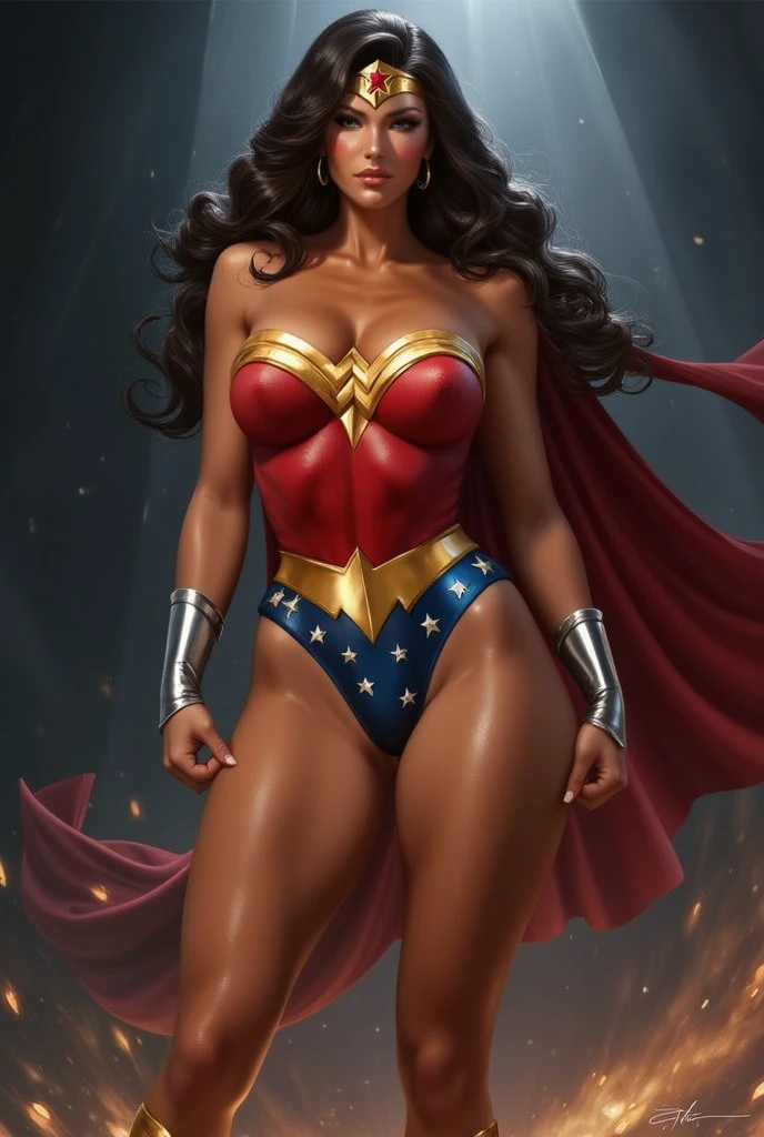 (wonder woman), (((Masterpiece:1.4))), (Very detailed: 2), (Beautiful: 2), (giant breast:1.5), (long wavy dark hair: 1.6),((Masterpiece)), Highly detailed, Perfect, (Hanging black bikini:1.1), ((Cool color palette:1.3)), (full body view), ((full - body:1.7)),