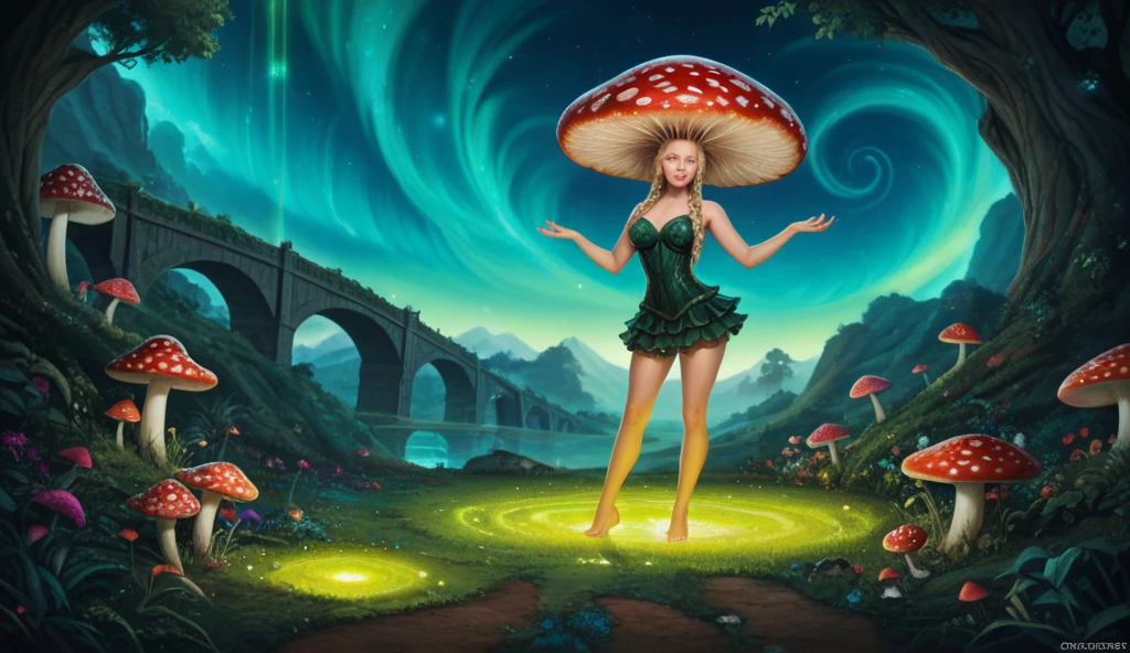 a beautiful nude 20 year old blonde woman with big messy hair, reaching for a glowing mushroom, sitting on a giant glowing mushroom, fantasy art style, cartoon vibrant, cute detailed digital art, colorful digital fantasy art, digital fantasy art ), glossy digital painting, pastel vibrant