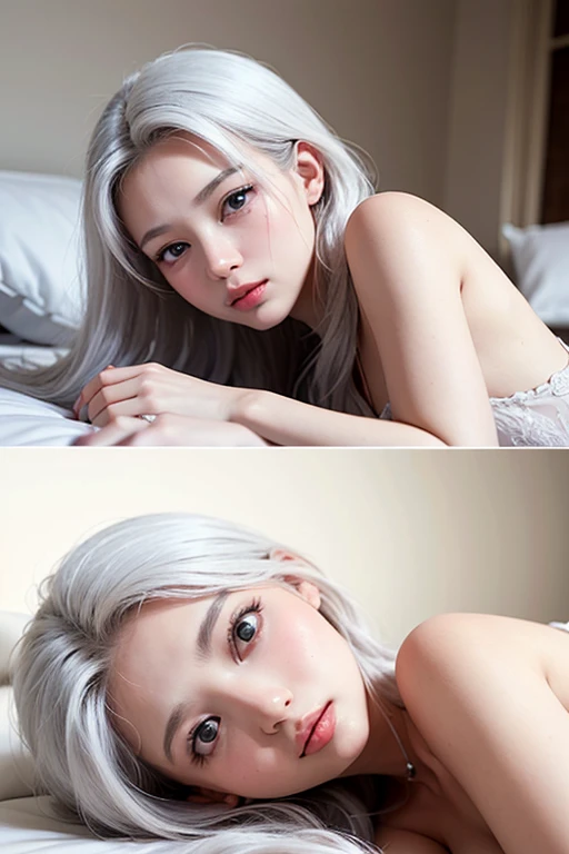 ((((Beautiful white hair))))、((small head))、Beautie、Beautuful Women、Japan Idol、(Perfect body:1.1)、(年轻)、(Beautiful white hair with short wavy:1.2)、(((8K))、(( Raw photography)))、(((a white bikini)))、(Highly detailed 8k wallpapers)、(extremely delicate and beautiful)、(​masterpiece)、(top-quality:1.0)、(超A high resolution:1.0)、beautiful  lighting、Perfect Lightning、realistic shadow、[hight resolution]、 Detailed skin、ultra-detailliert、thin clavicle、perspired、爆乳、huge tit、beutiful breast、red blush、Photorealsitic、Lifelike face、realisticeyes、is looking at the camera、a smile、 Lips with pink lips、natural make up、The best very happy smile、((best qualtiy)), ((tmasterpiece)), huge filesize, ultra-detailliert, hight resolution, ighly detailed, top-quality, ​masterpiece、full bodyesbian、Three-dimensional depiction、all-fours、all-fours、all-fours、((Show your))、((Show your))、Rear view、Rear view、Rear view、Rear view、s ass、s ass、s ass、s ass、A sexy