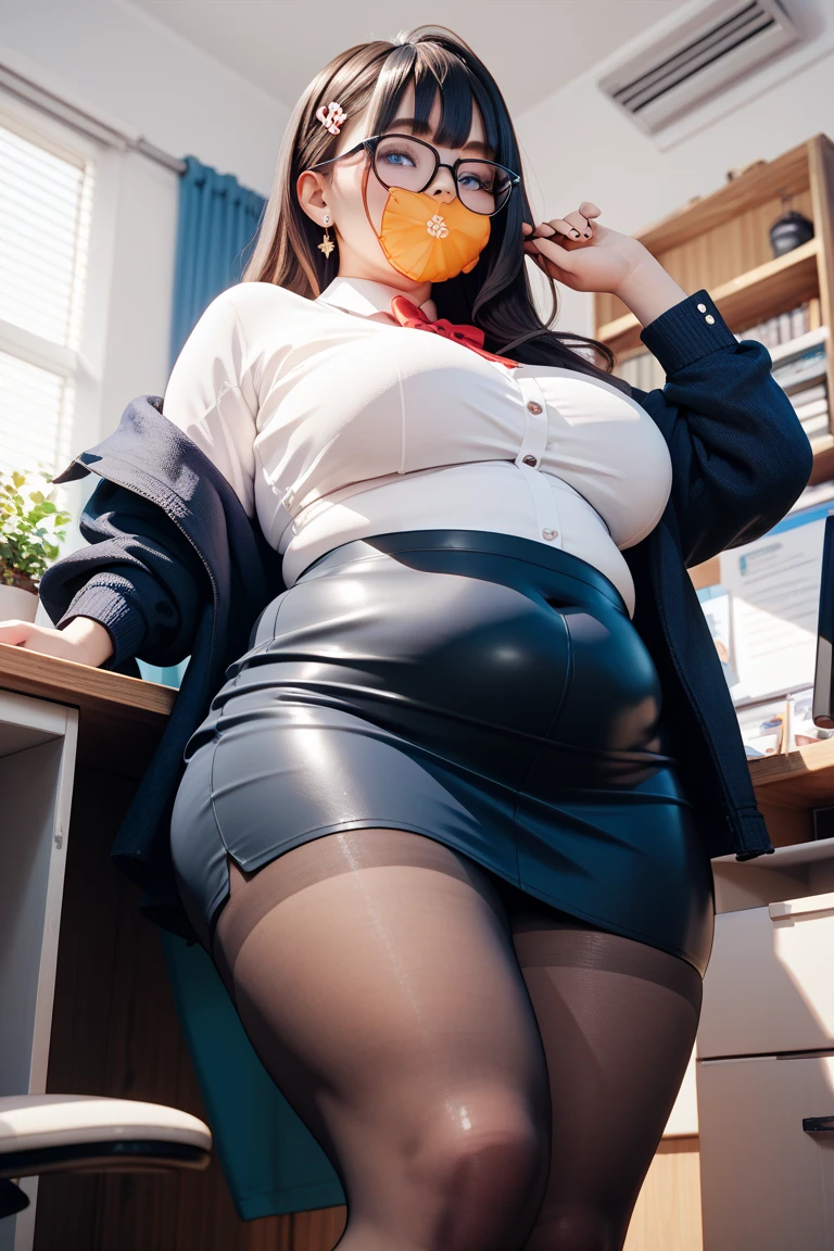 ((masterpiece, best)),(1girl),((mature woman)), light pink hair, dizzy, trumpet, ((office lady)), bangs, mid-chest, (full), slim, smiling, [wide hips] ,office,standing, aru \(blue archive\),