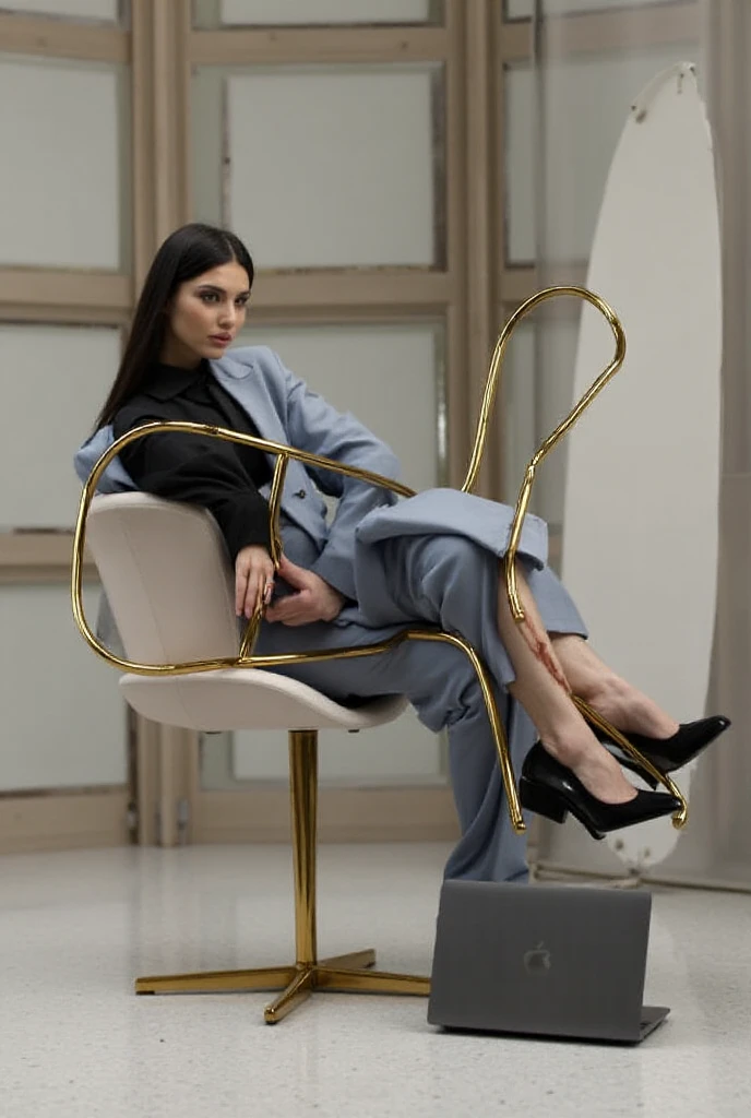 (1 woman, 45 year old woman, attractive woman, fair skin, straight black hair, store manager outfit, nice shoes, beautiful feet on display casual, (best quality,4k,8k,highres,masterpiece:1.2),ultra-detailed,(realistic,photorealistic,photo-realistic:1.37),studio lighting, vivid colors, high quality portrait, detailed feet features)