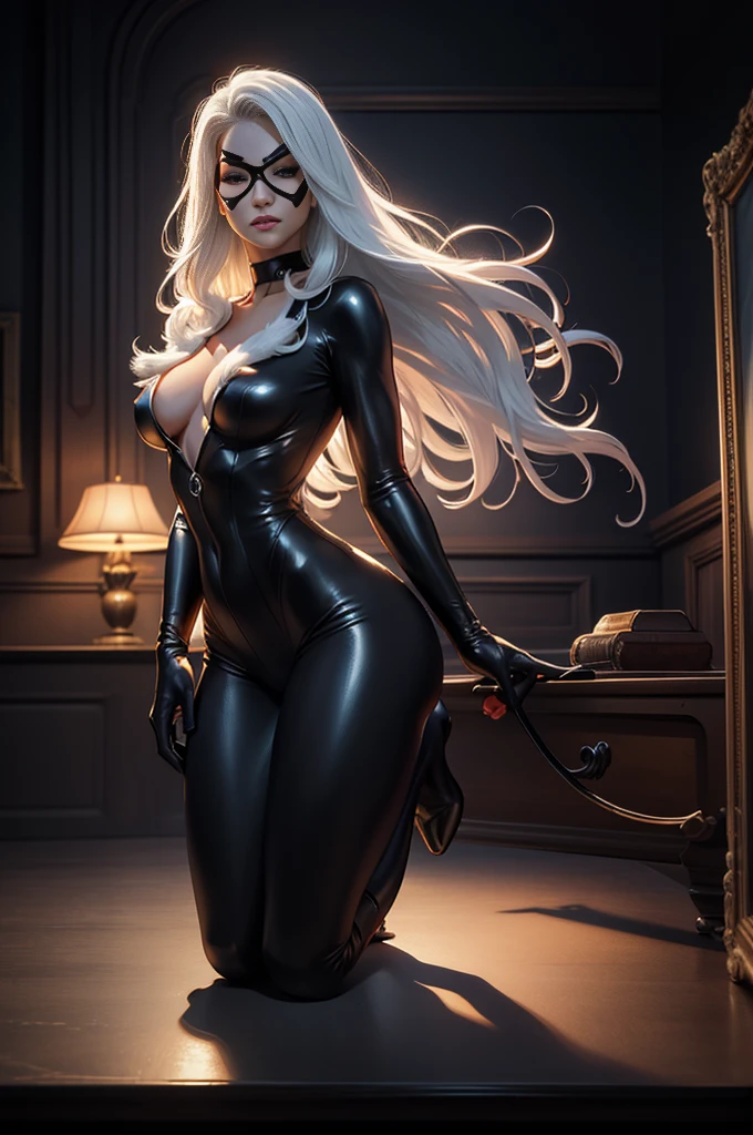 beautiful woman, detailed face, beautiful face, white hair, beauty, black cat cosplay (Marvel), ((Black Cat)), Marvel Black Cat, black latex clothing, Eye mask, full body photo, prominent figure, night, photo (Masterpiece) (Best quality) (detail) (8K) (HD) (Wallpaper) (cinematic lightining) (Crisp focus) (Intricate), sexy, rain, wet, rays, best quality, Ultra high resolution, Photorealistic, Full Body Portrait, Incredibly Beautiful, Dynamic Poses, Detailed Skin Texture, Highly Detailed Skin, Detailed Face, Beautiful Legs, Big Breasts, Powerful, Detailed Arms, Sexy Body, Detailed Eye Mask.