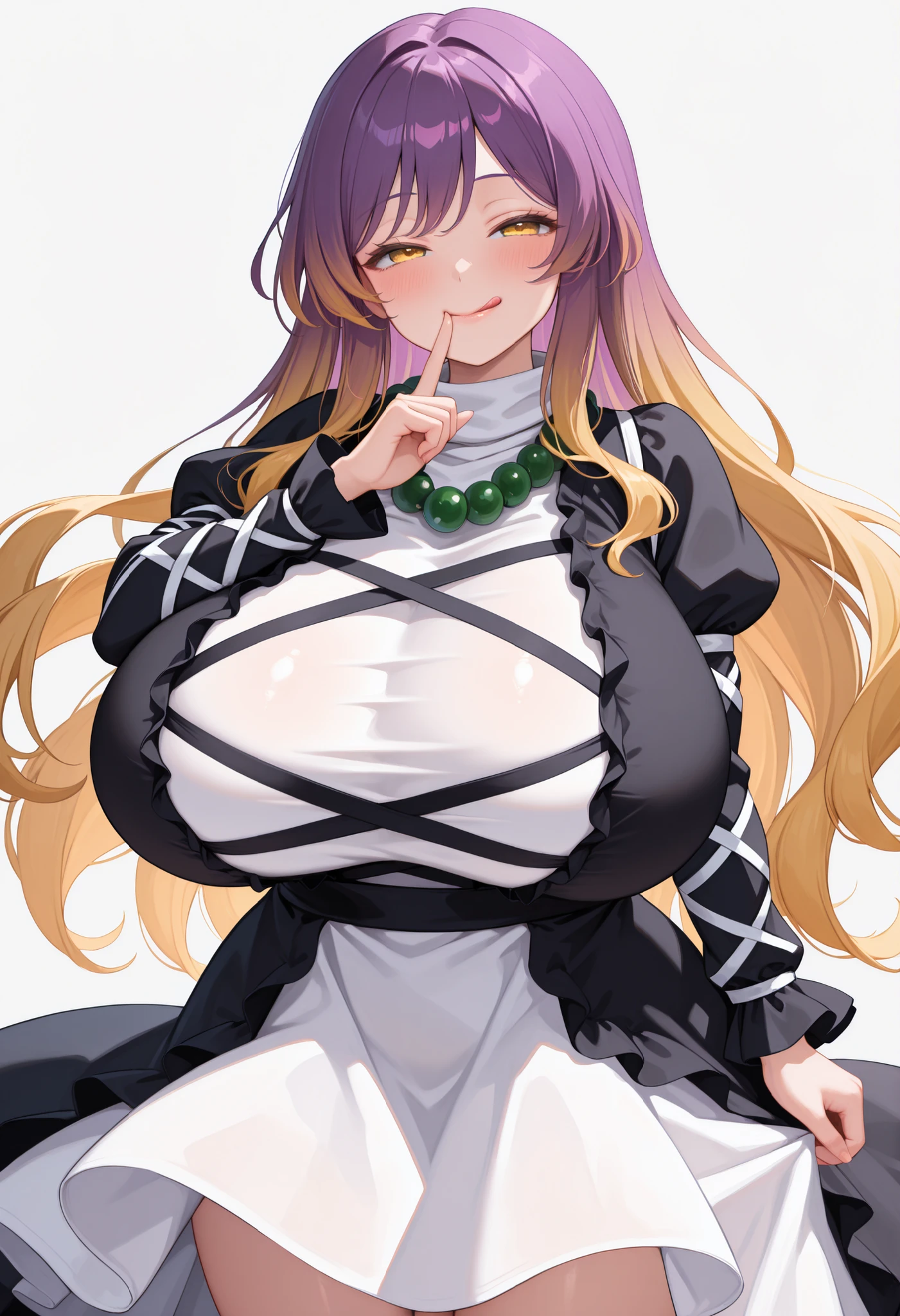 (masterpiece, best quality, perfect hands, perfect fingers), 1girl, solo, hijiri_byakuren,
purple hair, blonde hair, two-tone hair, gradient hair, long sleeves, black dress, white dress, layered dress, cross-laced clothes, long hair, yellow eyes, bead necklace, (enormous breasts, sagging breasts), skindentation, blush, half-closed eyes, sexual meanings, seductive smile, licking lips, no background, looking at viewer, cowboy shot, standing, (put index finger on mouth), adjusting clothes,