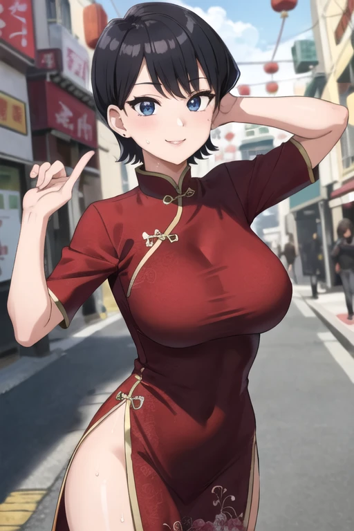 ((Top Quality)), ((Excellent)), (Details), , cate, Ultra-Realistic, Stunning Environment, Bright Colors, ,((Blue Eyes)) , Black Hair, (Childish Face), ((shy-smile)),(twin bun hair), ,((close_up)), Medium Breasts, ((red cheongsam)), ((Nude)), ((topless)) , ((Chinatown)), (extreme_close_up), Chinese street,Taiwan,