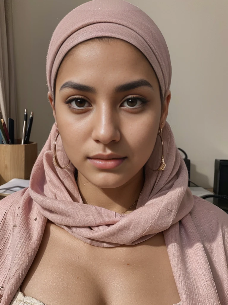 ((best quality)), ((masterpiece)), (detailed), Beautiful arab woman with light brown skin. She is in her early 30's, sports bra and leggings, lots of cleavage, sweaty, hijab, very thin nose, green eyes, defined cheekbones, in gym, looking at the viewer with a smile
