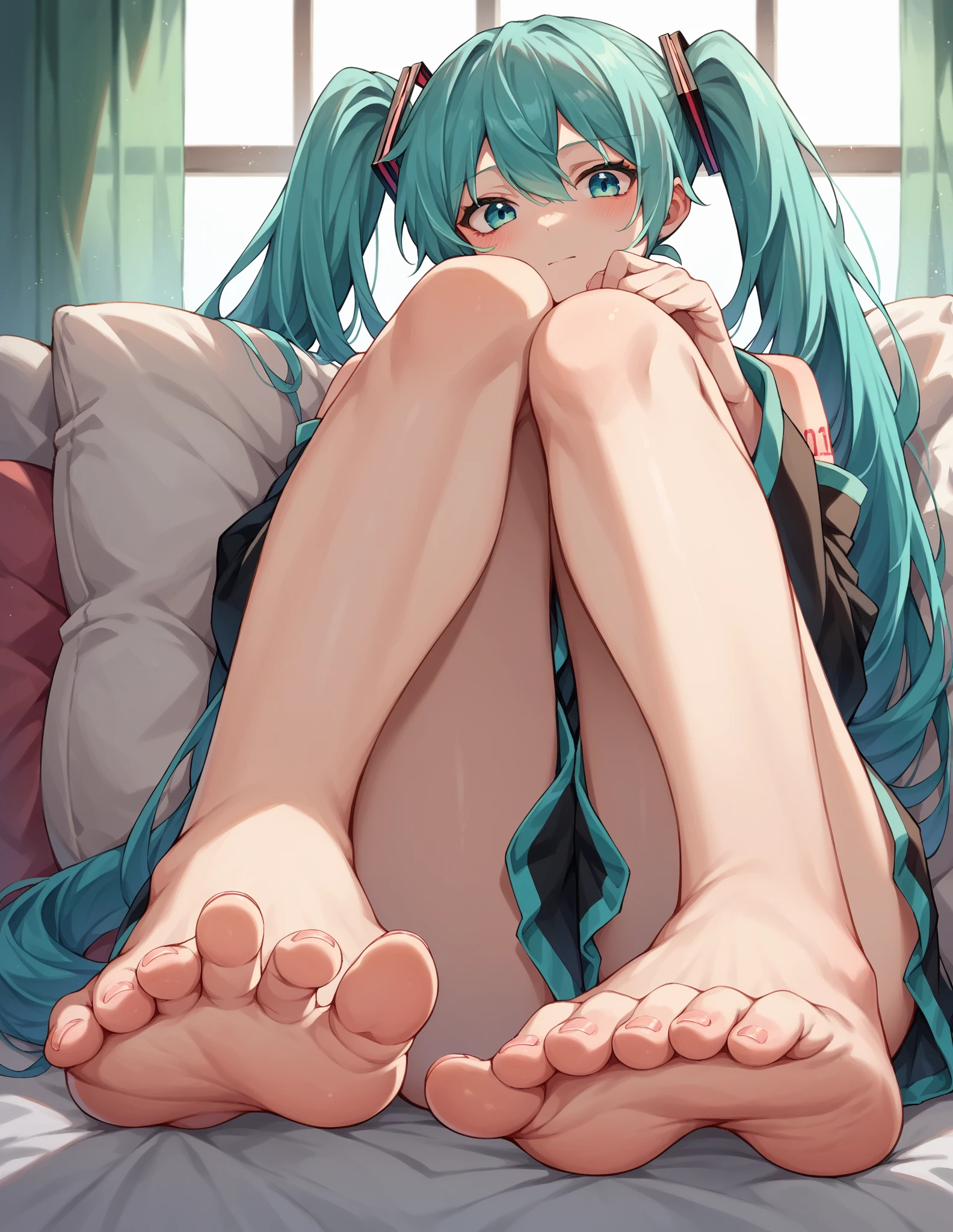 masterpiece, highest quality, Super detailed, ultra high resolution, realistic, 8K, highest quality, masterpiece, best image quality, Super detailed, ultra high resolutionolution, realistic描写, anime, comics, long hair, blue hair, blue eyes, 1 girl, alone, looking at the viewer, Highly detailed art buds, official artwork, shiny skin, shiny skin, professional lighting, sweaty feet, seductive pose, chest strengthening, young face, cute face, slender body shape, Highly detailed face and skin texture, fine eyes, double eyelid, Whitening skin, Body Gloss, giggle, dynamite body, sexy, pink cheeks, Bedroom, (from below:1.3), spread your legs, NSFW, naked, nude, twin tail hairstyle, whole body from head to toe, sitting on the sofa, Red Hair Accessories