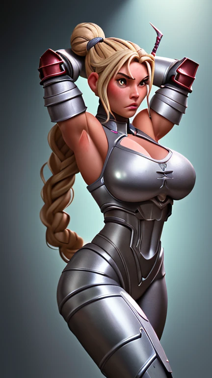 woman, long hair to floor,  blondehair, ((black skin:1.4)), adorned in medieval armor, twerking, metal muscles, emanating a medieval elegance and marvel, armor pump boots, chrome bra, chrome silver tiara, small armband, (shoulder armor), gauntlets, ((small armored bikini:1.5)), sword, shield, exposed midriff, (puffy lips:1.3), detailed eyes, ((slendered abs )),((huge breastull bodied), wide hips, (puffy lips:1.5), slender abs,rim lighting, side light, cinematic light, ultra high definition, 8k, film grain,best shadow, light particles, detailed skin texture, detailed gem armor texture, detailed face, intricate details, super detailed, bright, spiked heel boots