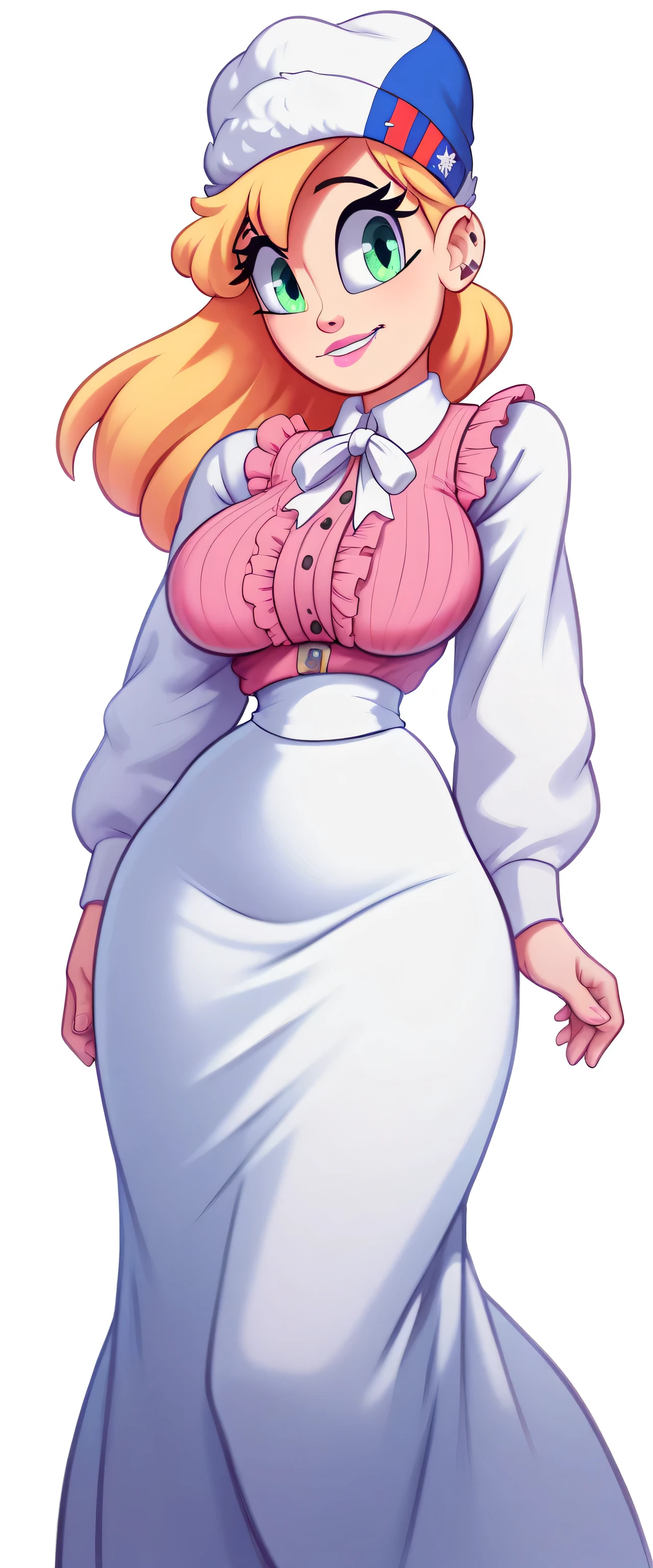 A girl Russia good kind sexy cute big breasts wide dark shiny yellow hair shiny wavy long loose cap Russian Soviet hat luxurious winter luxurious her light green eye soft pink lip dresses white dress with long button long sleeves put on fabric transparent pink vest waist ribbon white bow and a dark pink skirt long metallic pink heel