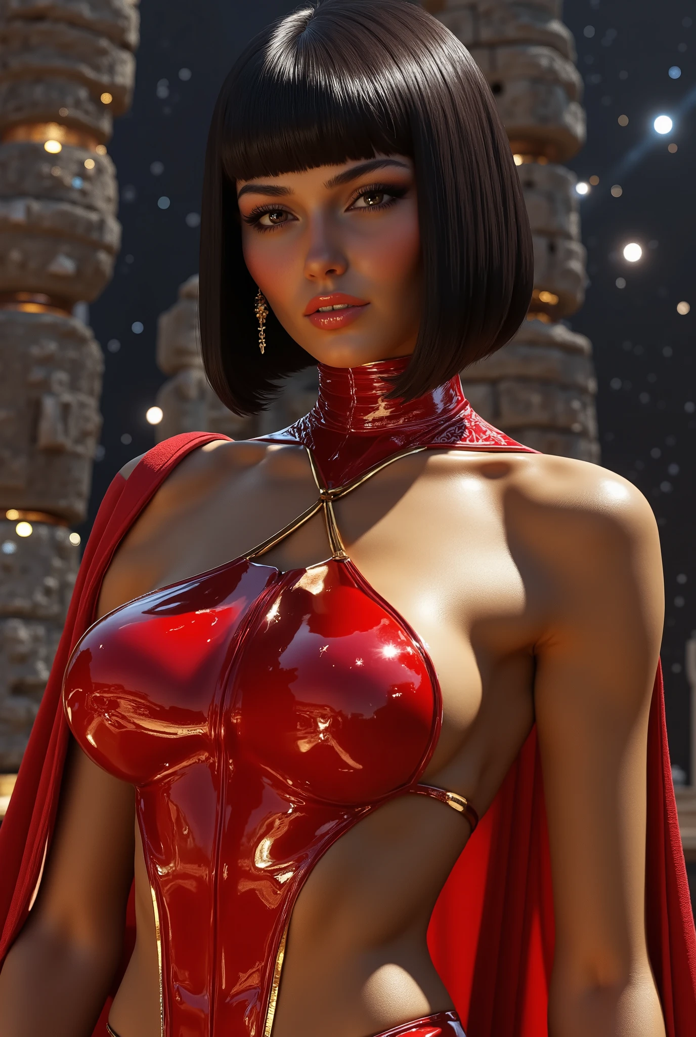 ( Masterpiece, 4k resolution, ultra-realistic, very detailed) Turkish Supergirl, bob cut photography by artgerm, in the style of realism, glistening skin, cartooncore, mangacore, natural lighting, Defined full lips. Muscular fitness feminine body (In space)