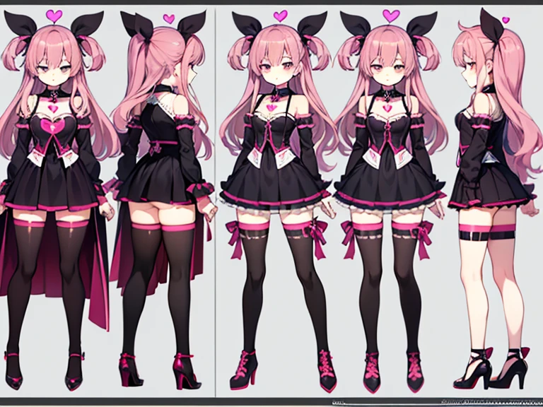 (masterpiece, highest quality)), Detailed face, Character design sheet， Full Body Lesbian, Full of details, Multiple Representations, Very detailed, depth, Many parts　girl　original　Glitter eyes　cute　Twin tails　Pink Hair　Black Costume　Rock costumes