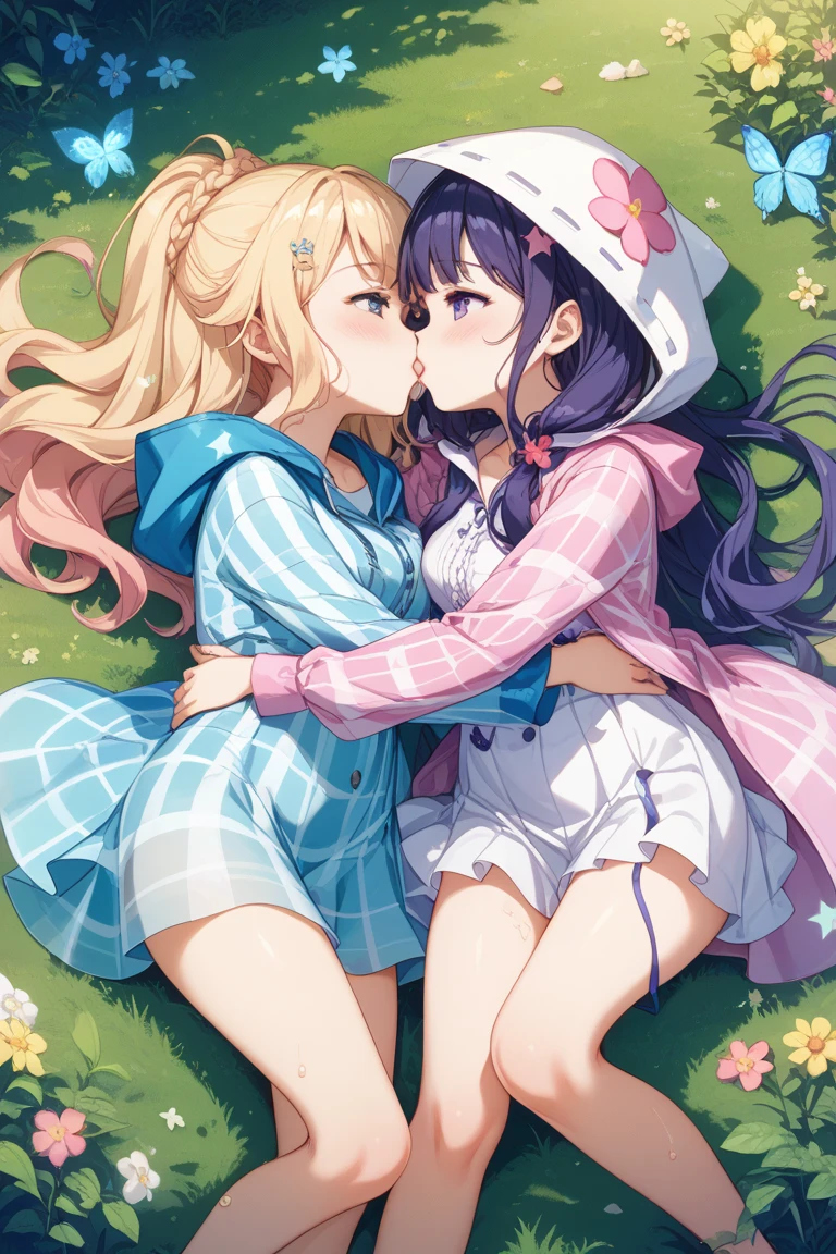 masterpeace, best quality, (magazine cover), lineart, colorful, 2girls, kissing, hugging, (floral panties), vibrant colors, Volumetric Lighting, Best Shadows, Shallow Depth of Field, (Highest Quality, Amazing Details:1.25), Brilliant Colorful Paintings,