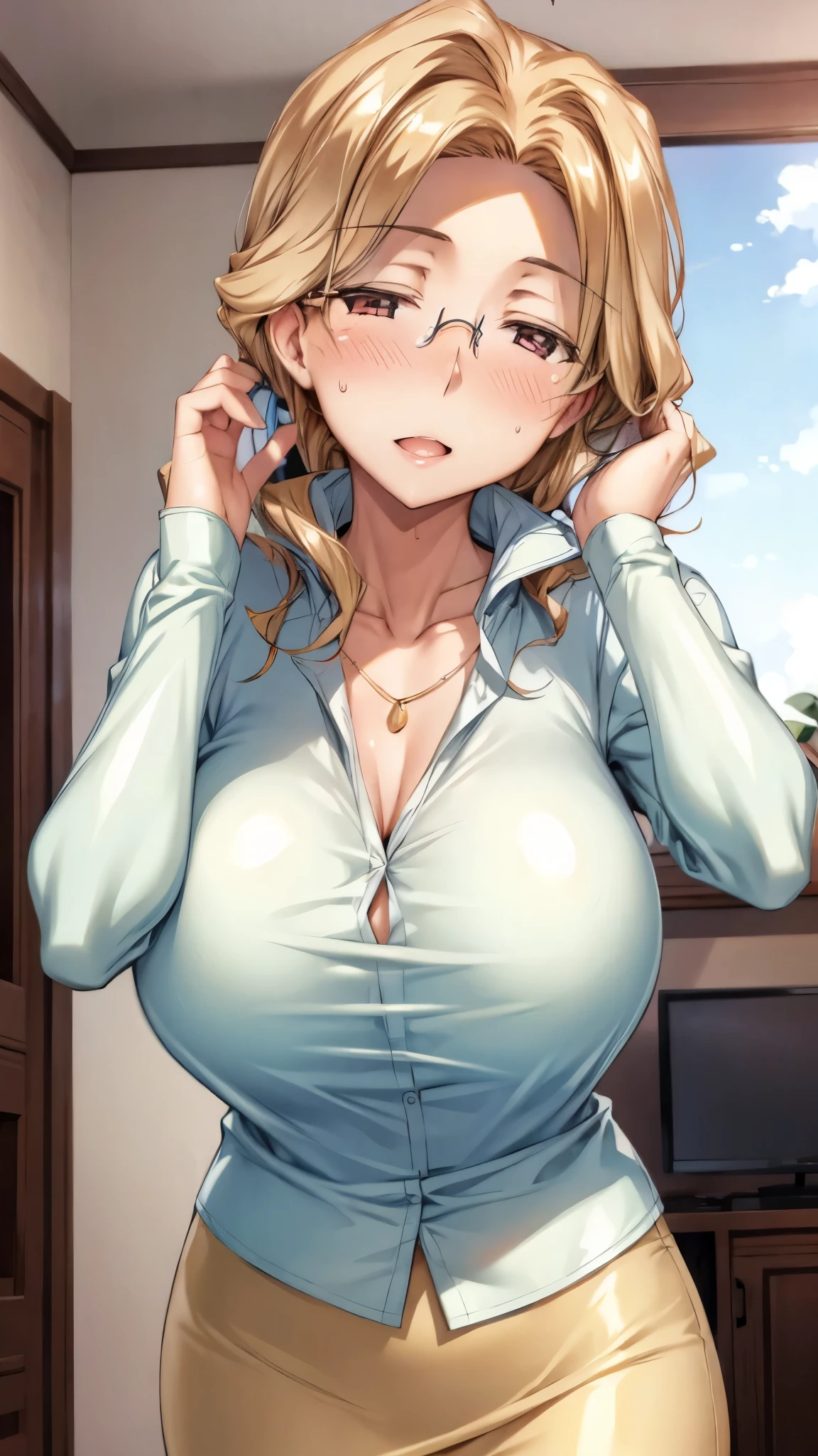 (SUPER QUALITY,super high definition,16k,A super masterpiece, ,detailed shading and background,)shot from below,point your face at the camera,sexy mature woman, Gold,glasses,Long-sleeved, long-length white shirt with a large collar standing straight,pencil skirt,Love liquid,cleavage,necklace,Big Breasts,Close the lid of the eye half,Eyes without shine,blush,glossy lips,Open your mouth slightly,living room,