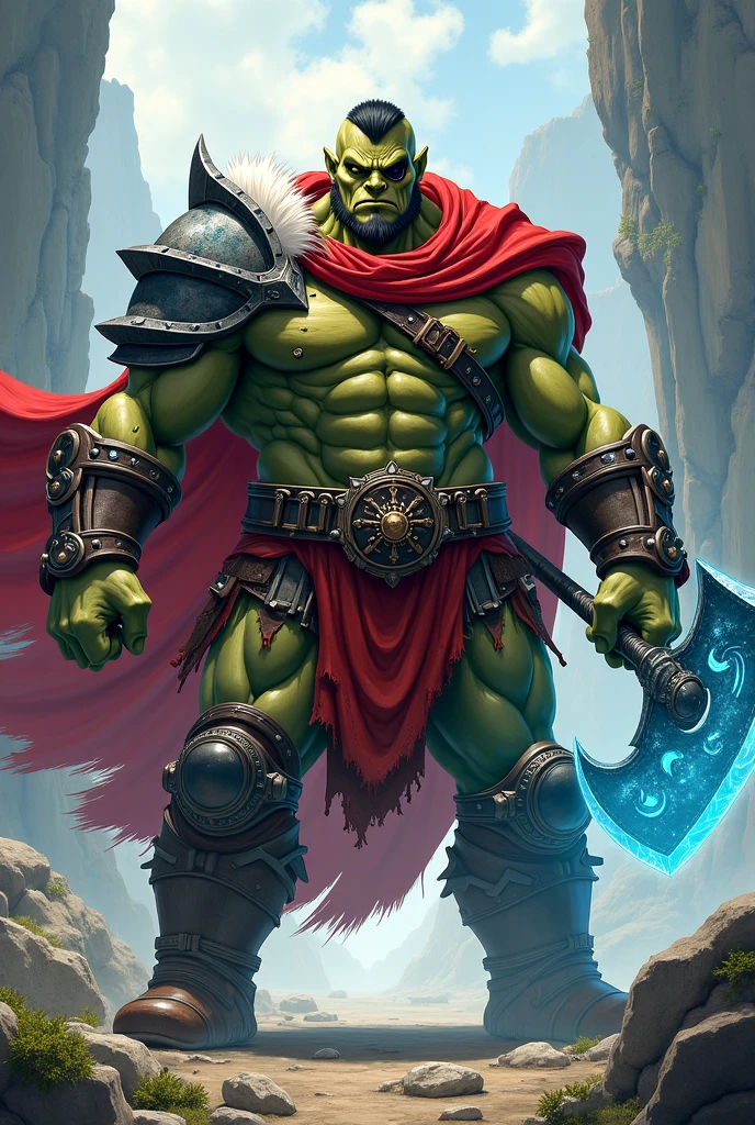 Create a Comic Style, Picture of a human with the skin and ears of an orc He should look like a hero with a cloak and a huge magic sword. He should not look too brutal and have a pretty face.
