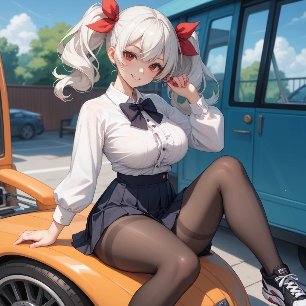 short-cut、opening legs、white hair、エロ、horn