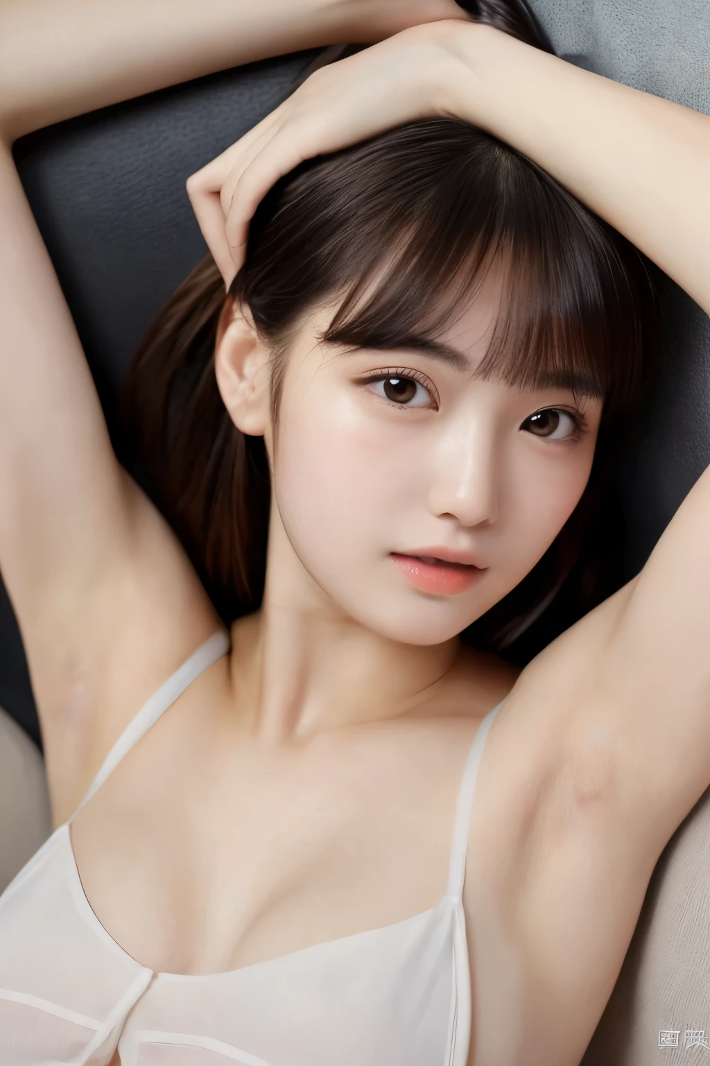 ((best quality)), ((masterpiece)), (detailed), perfect face. Black hair. Anime girl. Asian girl. Black eyes. Armpit.
