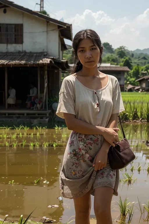 make a photo of an 30 years old Indonesian woman, 167 cm tall, 50 kg weight, beautiful, olive skinned, wearing traditional Indonesia clothes, wearing a bun, bring pottery, rice fields and mountains background, realistic.  
