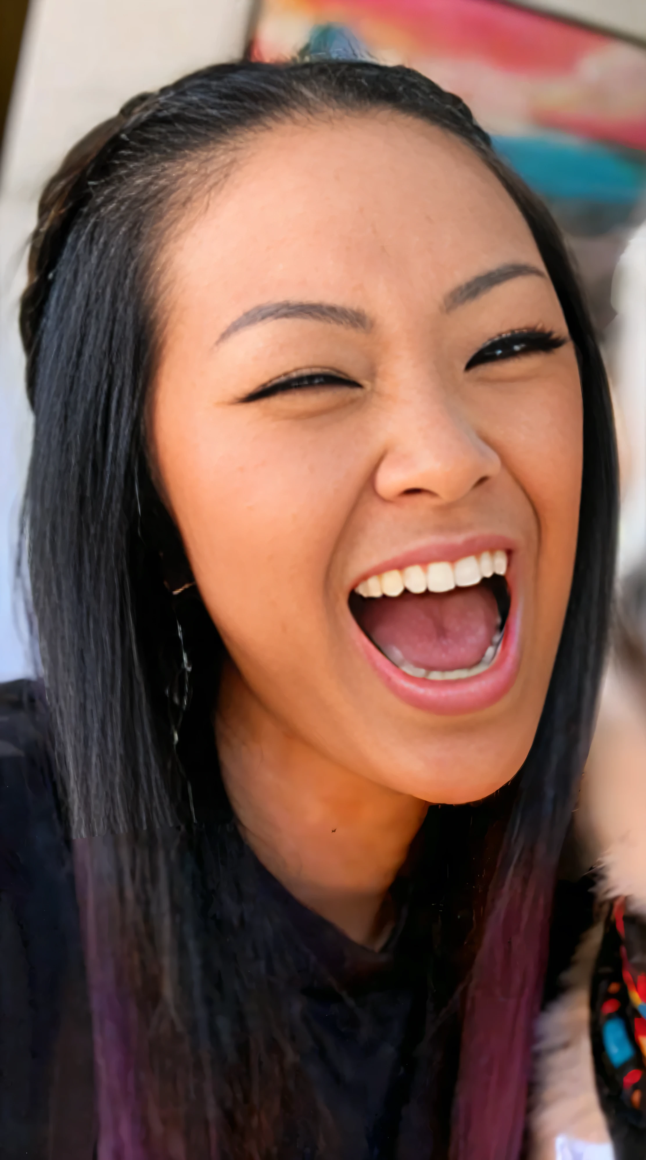 (((PORE LEVEL DETAIL!!!))) (WET SHINY SKIN) Japanese girl OPEN MOUTH smiling ((Perfect detailed teeth)), she is laughing, she expressing joy, laughing, young cute wan asian face, with wide open mouth, excited facial expression, beautiful long detailed shiny black hair, captivating and enticing, (Detailed perfect facial details), (((ultra detailed skin, Lifelike, 4k hd, DSLR, lifelike, masterpiece, natural lifelike perfect color, perfect clear lighting, breathtaking lifelike details, perfect anatomy, super detailed skin, beautiful face ultra-detailed hyper detailed face、Detailed lips、A detailed eyes, (realistic, photorealistic, photo-realistic:1.37) (Realistic), (RAW Photography), ((best quality)), (Detailed perfect facial details), ((((hyper real photo, hyperrealistic, hyperrealistic picture)) , perfect anatomy, super detailed skin, (((ultra detailed skin, Lifelike, 4k hd, DSLR, lifelike, masterpiece, natural lifelike perfect color, perfect clear lighting, breathtaking lifelike details