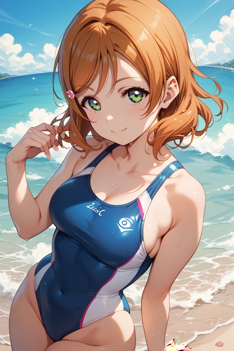 Woman in swimsuit, Hiding eyes with hand, standing, embarrassed smile, masterpiece, best quality, super detail