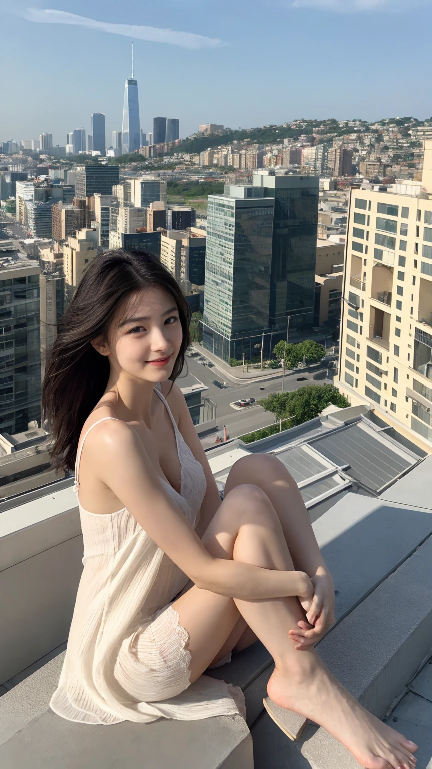 a woman panty look, whose height is 10000000 kilometers, at the nano-sized miniature endless city of micro-sized endless continent world, she kneel down on top of a lot of nano-sized buildings which are much smaller than her, she feel happy and enjoy