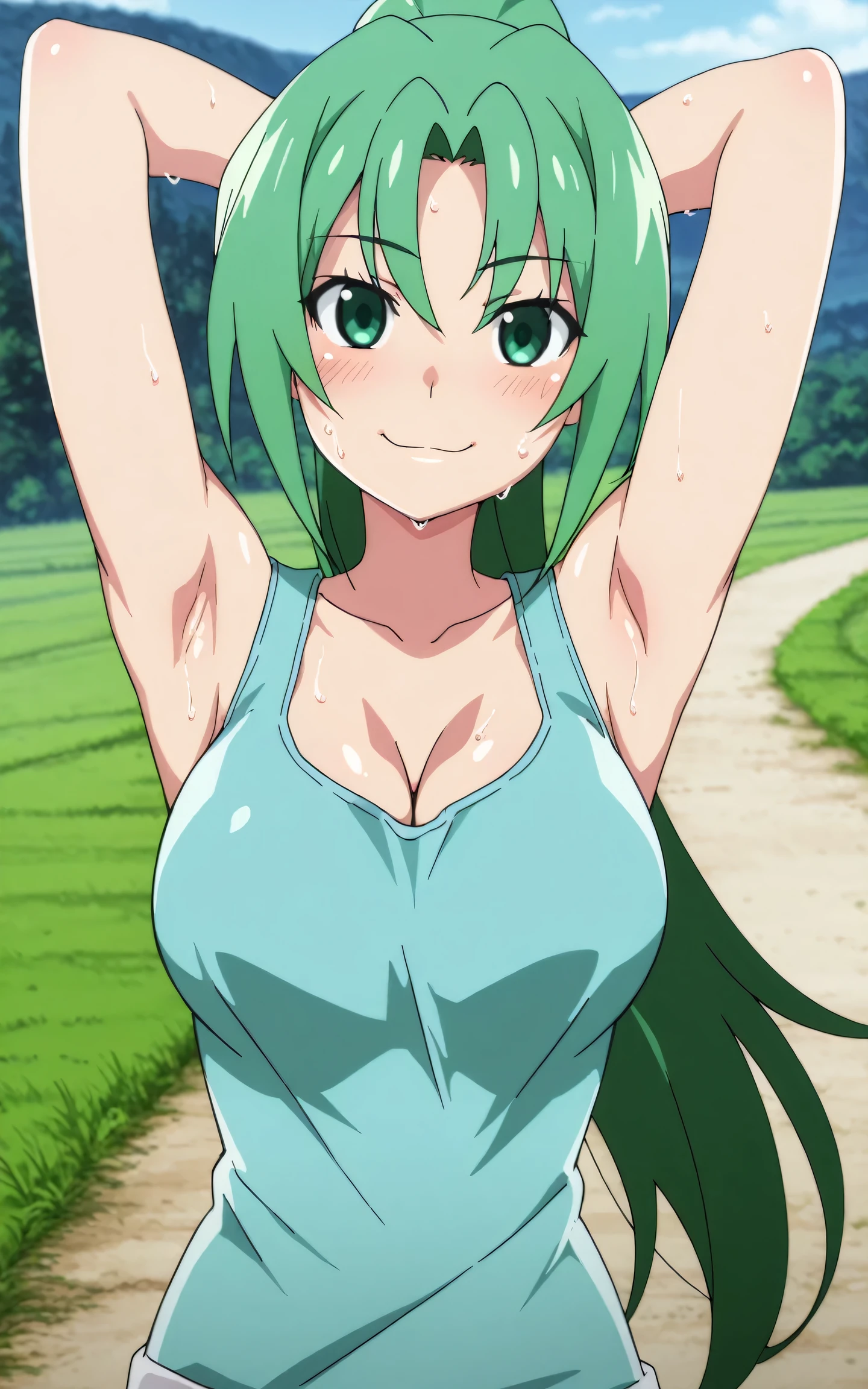 masterpiece, best quality, amazing quality, anime screencap, anime coloring, 1girl, solo, Mion Sonozaki (character), sonozaki mion, long hair, green hair, green eyes, ponytail, light blue tank top, bare shoulders, bare arms, arms behind head, armpits, head towards viewer, looking at viewer, smile, blush, closed mouth, (front light:1.1), sweaty, outdoors, day, cleavage