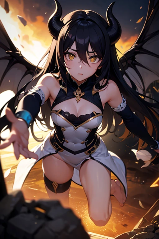 1girl, Fallen angel, Vermilion hair, Yellow eyes, big hips, big breasts, Transparent clothes, ((Black Dress)), ((Fire Wings)), Halo, Background to the night, Cheerful smile, skies, Starlight, Masterpiece