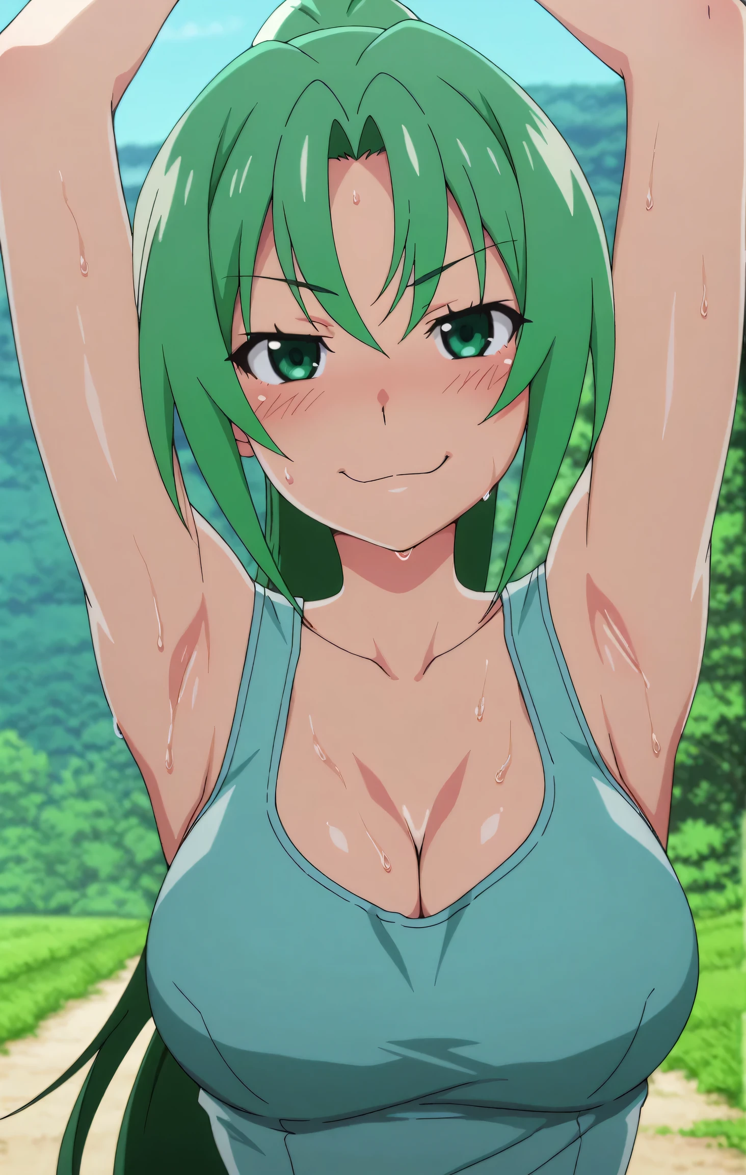 masterpiece, best quality, amazing quality, anime screencap, anime coloring, 1girl, solo, Mion Sonozaki (character), sonozaki mion, long hair, green hair, green eyes, ponytail, light blue tank top, bare shoulders, bare arms, arms up, raised arms, armpits, head towards viewer, looking at viewer, smile, smug, blush, closed mouth, (front light:1.1), sweaty, outdoors, day, cleavage 