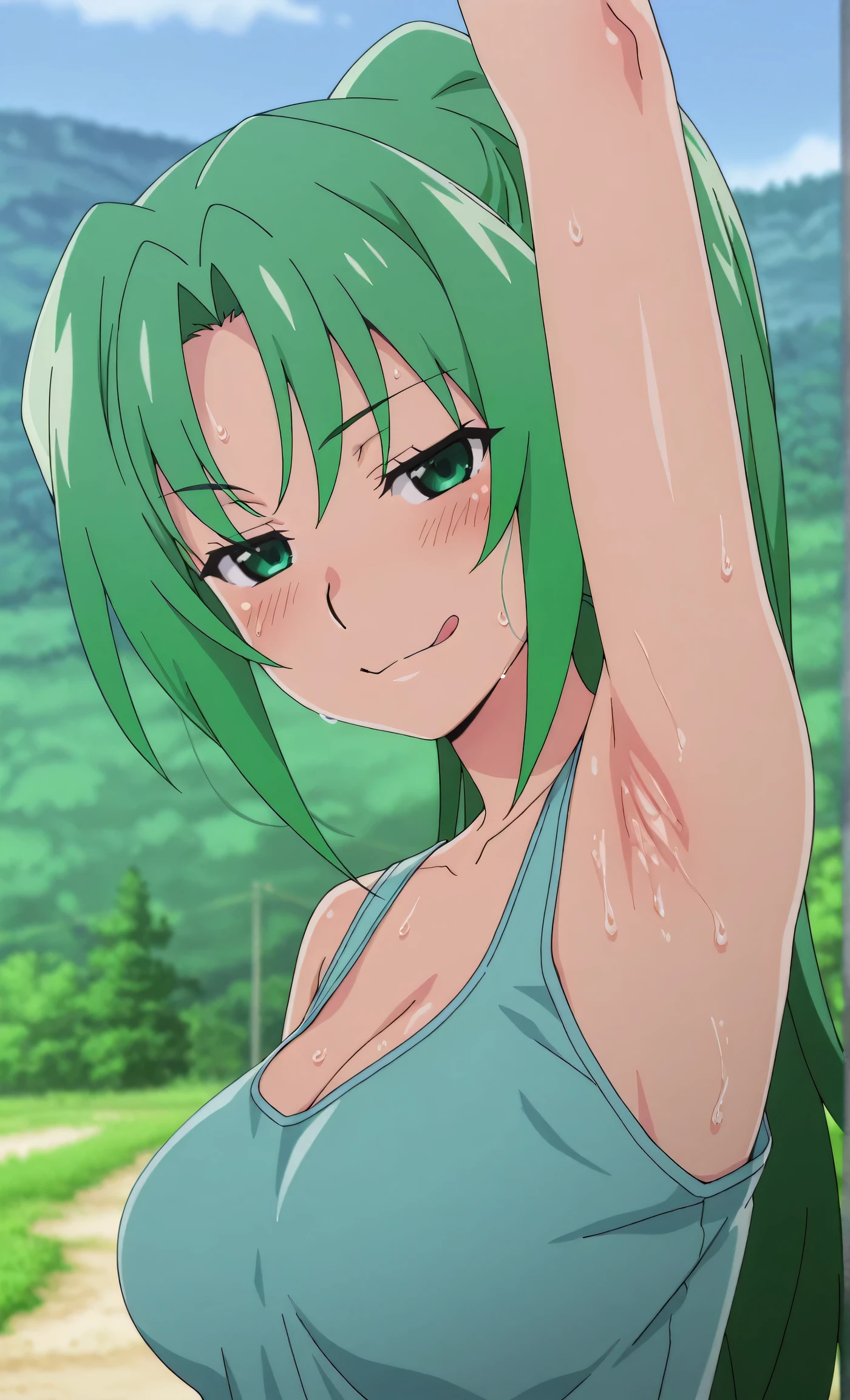 Maki Zenin, bikini ,green hair, big , arm's wide open,curved waist,Ser, curved, cabello verde oscuro, bien proporcionado,musculosa,grandes muslos,pecho mediano.