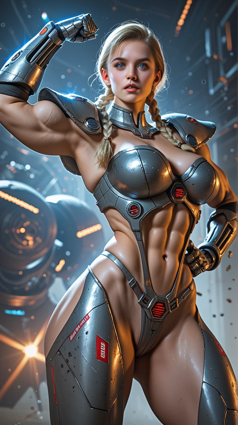 ((best quality: 1.5)) ((masterpiece: 0.8)), intricate details, sharp focus, professional, photorealistic, real life, realistic representation of the face, ((((solo, 1girl) muscular mistress, (albino, albino, mysterious expression, black lipstick, blushinechanical arms, cyborg))))), bright glow, dynamic pose, gorgeous perfect face, in the style of realistic and hyper detailed renderings, zbrush, hyper realistic oil, contoured shading, dark room, dark background, black background, solo, BREAK; BREAK ((((smirking, ((dark eye makeup, (wide-eyed))), wavy dark hair)))), (freckles: 0.9), ((fujicolor)), BREAK; BREAK ((((futuristic gray maroon lacquered chrome armor, (underboob)), photorealistic, hyper-realistic))) BREAK; BREAK (((breast size: 0.4)))