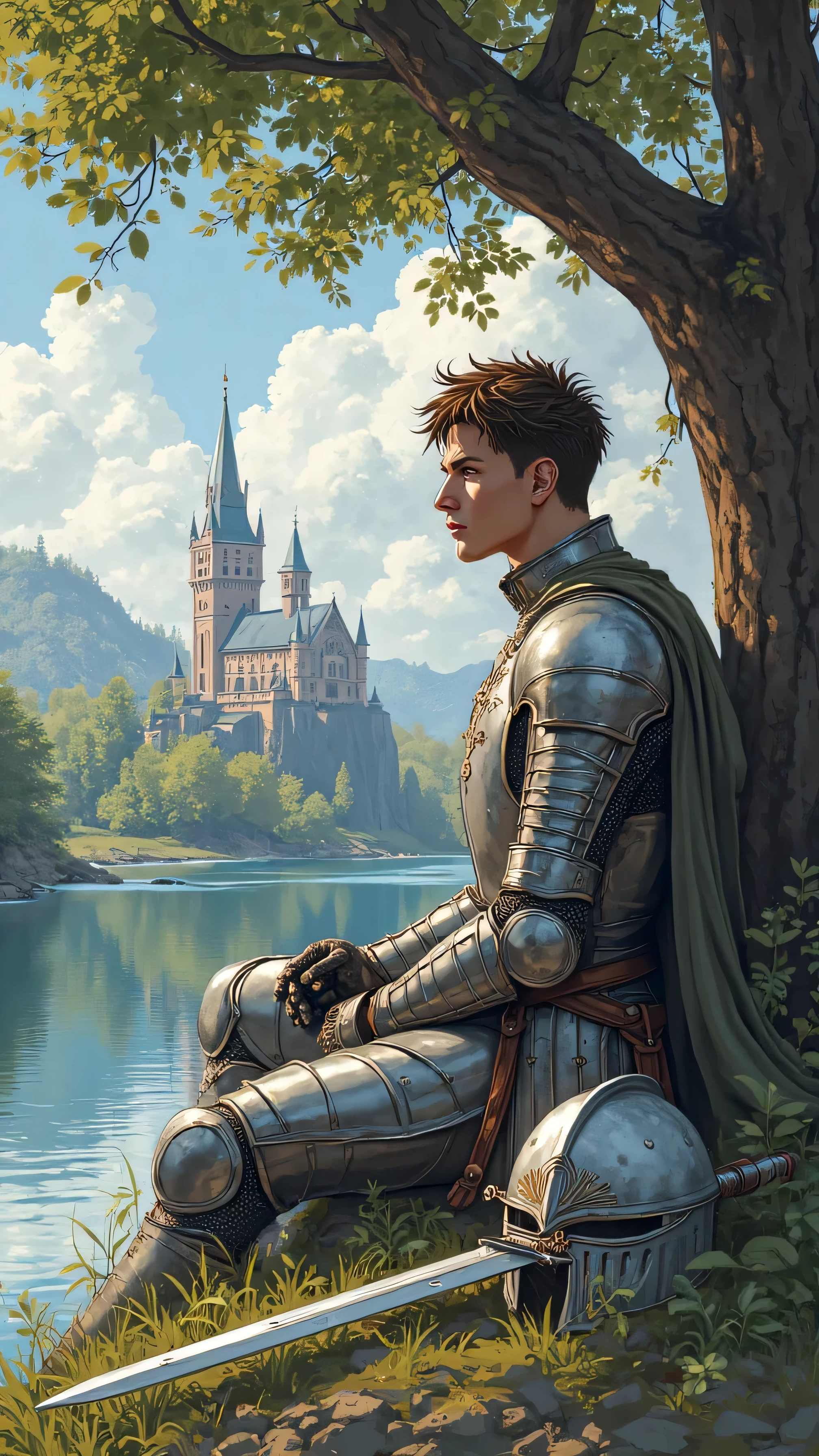 1man,alone,20s, male focus,Brown Anime Style Spiked Hair,Tall People,Finger Gloves ,silver and white knight armor,Brown eyes,Upper body,Sitting under a tree,Looking side,A knightly sword and a helmet placed on the ground,lake and castle background,Oil Painting Style