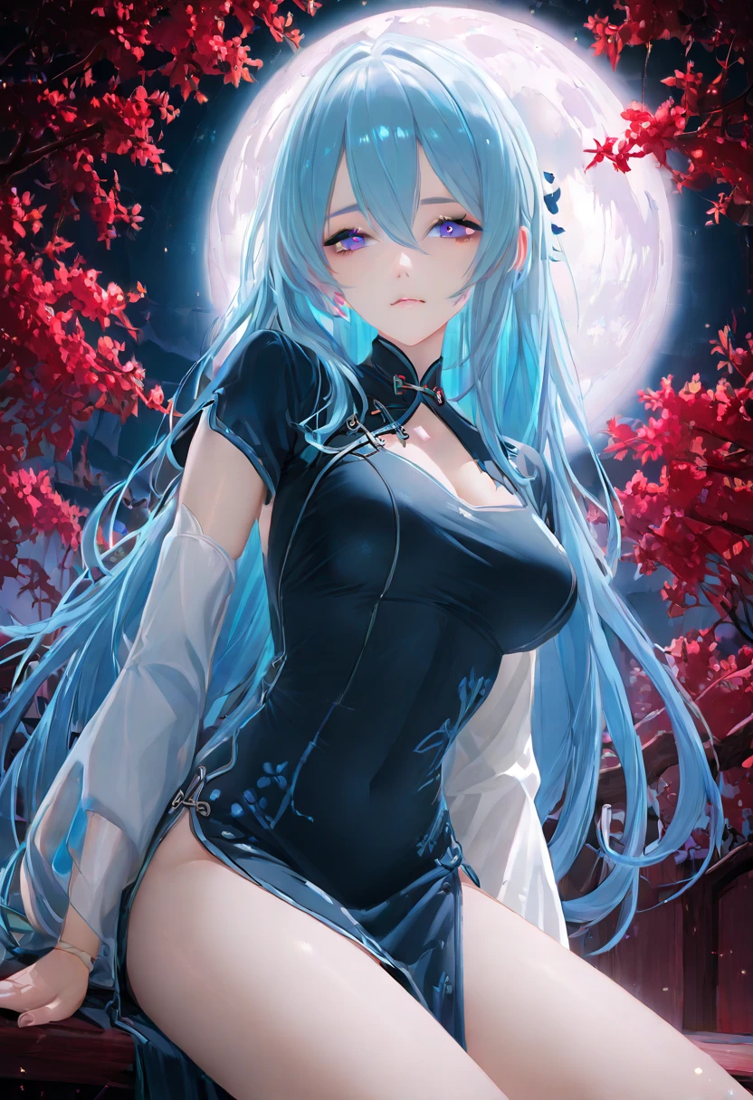 I am a woman in my 30s.。It is the figure of a blue shrine maiden.,She is a beautiful goddess。Upper body close-up。Wearing a white kimono。The moon is the background,A charming female deity。hair color is light blue。resolution,8k、masterpiece
