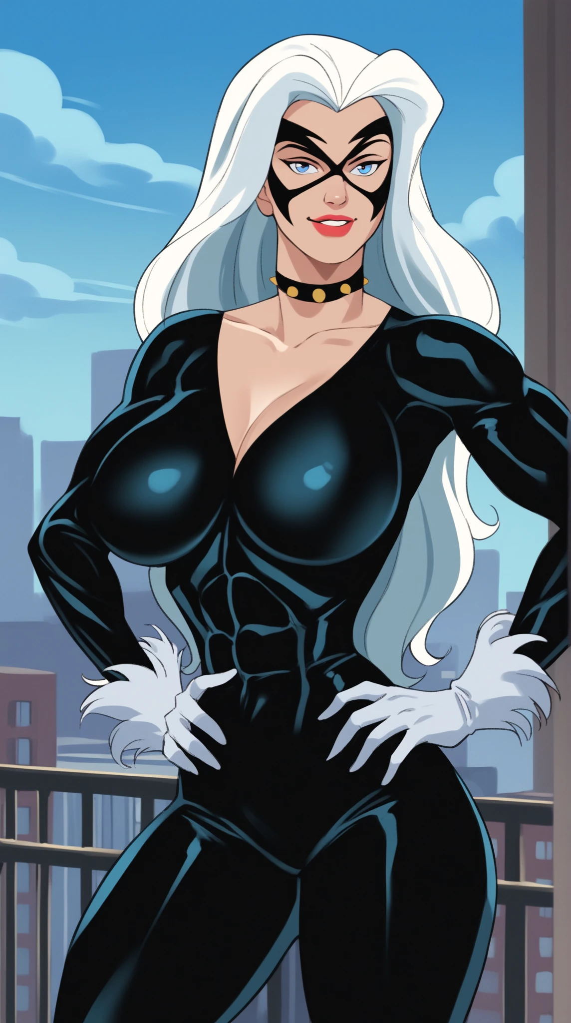 Black cat, Felicia Hardy, 1girl, (((bimbo))), blue eyes, long white hair, puffy lips, painted lips, thick lips, wide hips, thick thighs, big breast, huge ass, revealing cleavage, erotic, smile face, bubble butt, breasts, huge breasts, venom absorbs her, venom absorption,