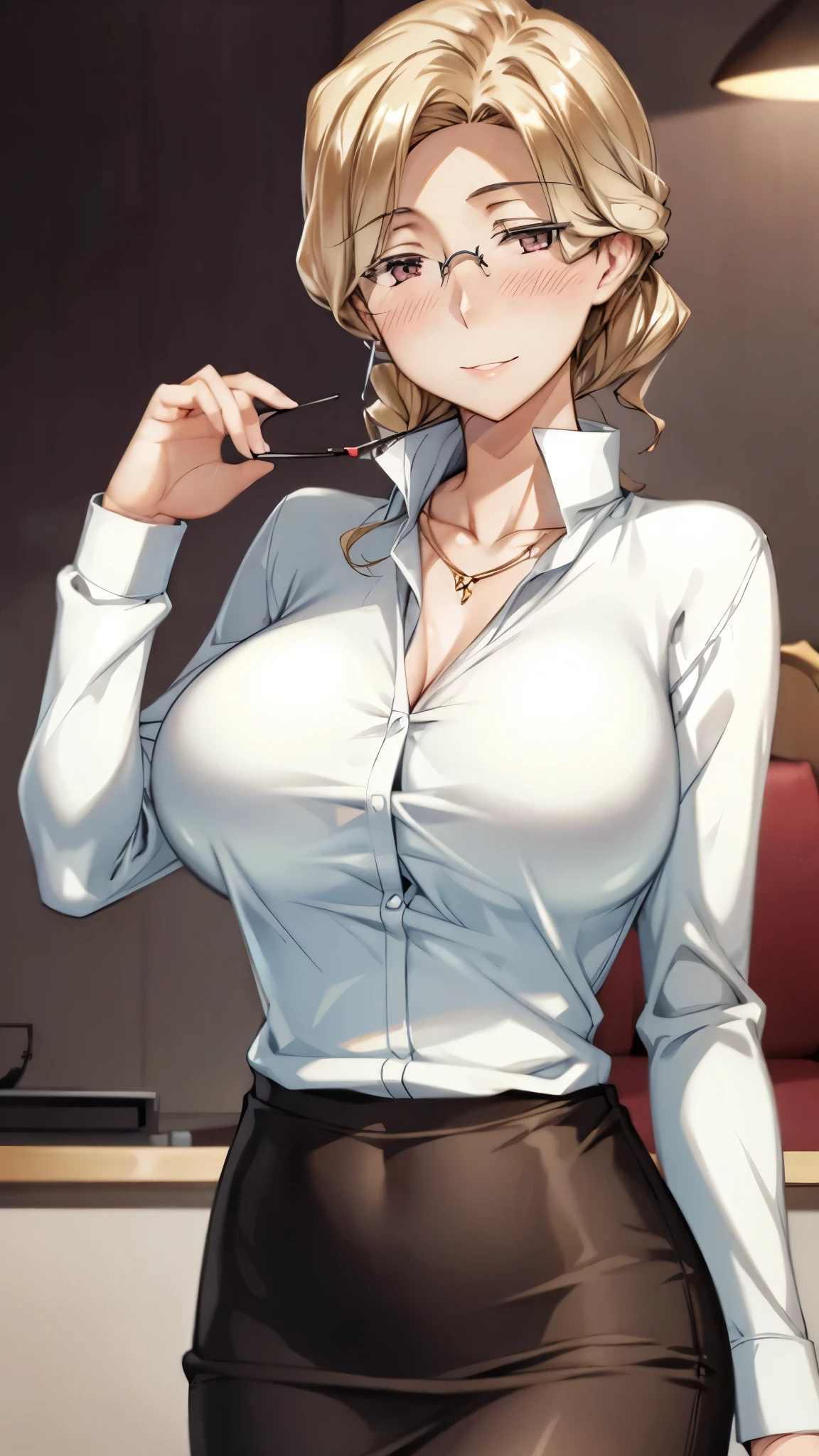 Photograph of a 40-year-old woman, chubby, blond hair, con gafas, obra maestra, brassiere, ropa interior, sujetador_negro, chaqueta, bragas_negras