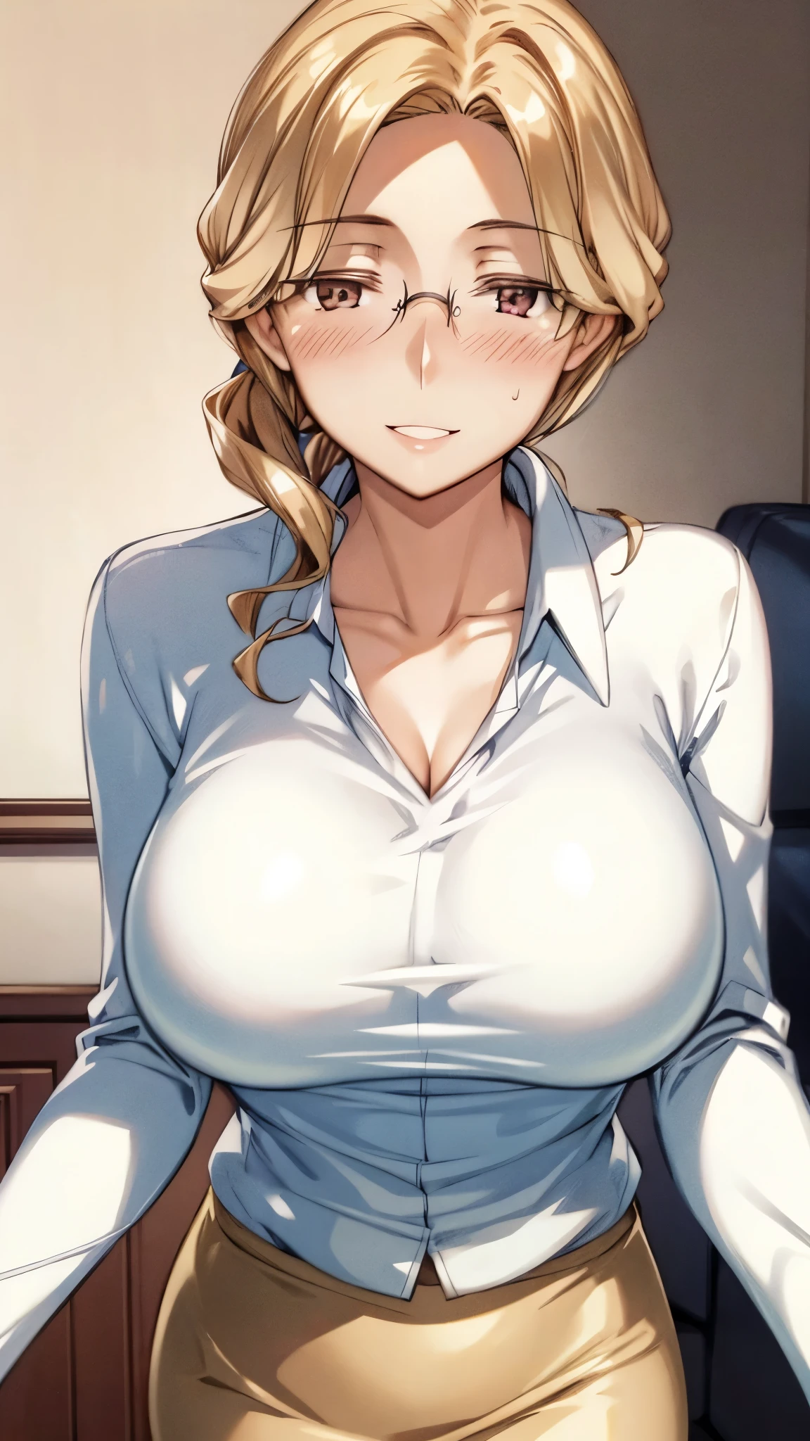 (SUPER QUALITY,super high definition,16k,A super masterpiece, ,detailed shading and background,)shot from below,point your face at the camera,sexy mature woman, Gold,glasses,Long-sleeved, long-length white shirt with a large collar standing straight,pencil skirt,Love liquid,cleavage,necklace,Big Breasts,Close the lid of the eye half,Eyes without shine,blush,with a maternal smile,glossy lips,Open your mouth slightly,living room,