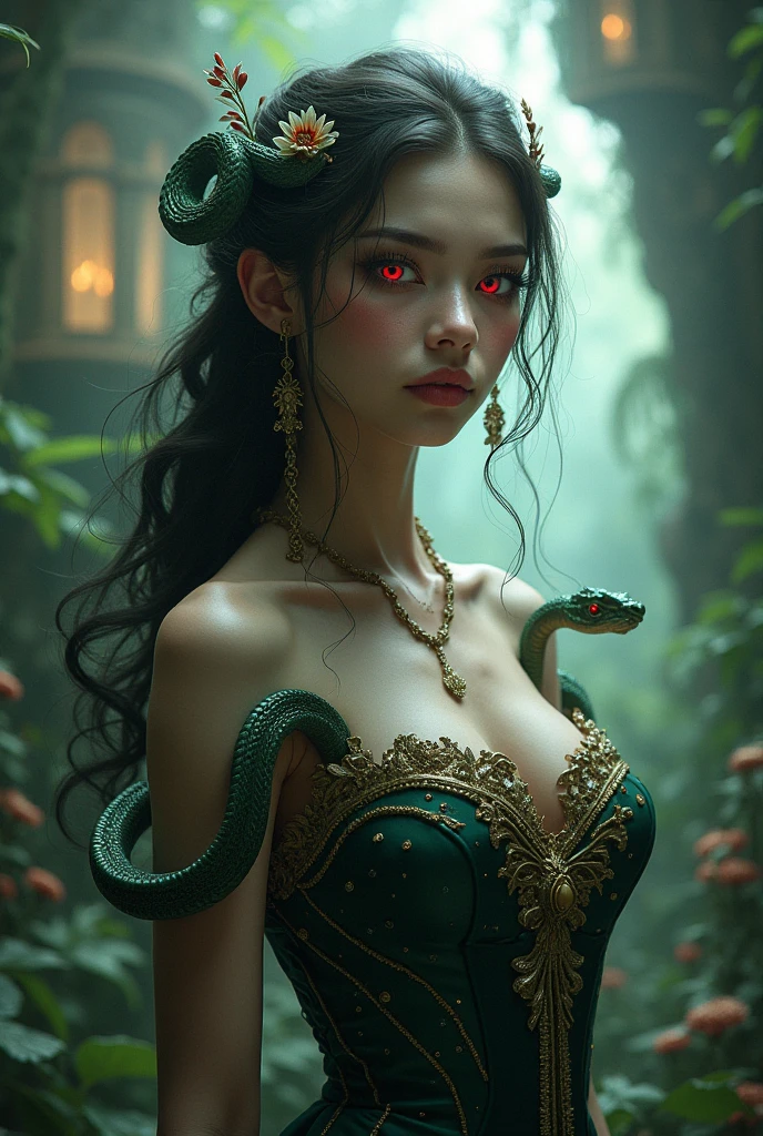 "A young woman with pale skin, with bright green eyes that seem to contain all the mystery of the world, stares with an intense expression. Your lips are a deep red, contrasting with her fair complexion. In place of hair, living snakes intertwine, forming a twisted crown over his head, each of them looking in different directions, with forked tongues projecting outwards. Your posture is elegant, almost regent, and there is a mesmerizing beauty, almost terrifying, In your presence. She wears a flowing Greek tunic, that shapes your slender body, as a faint golden glow emanates around her, further enhancing its mythical and powerful aura."