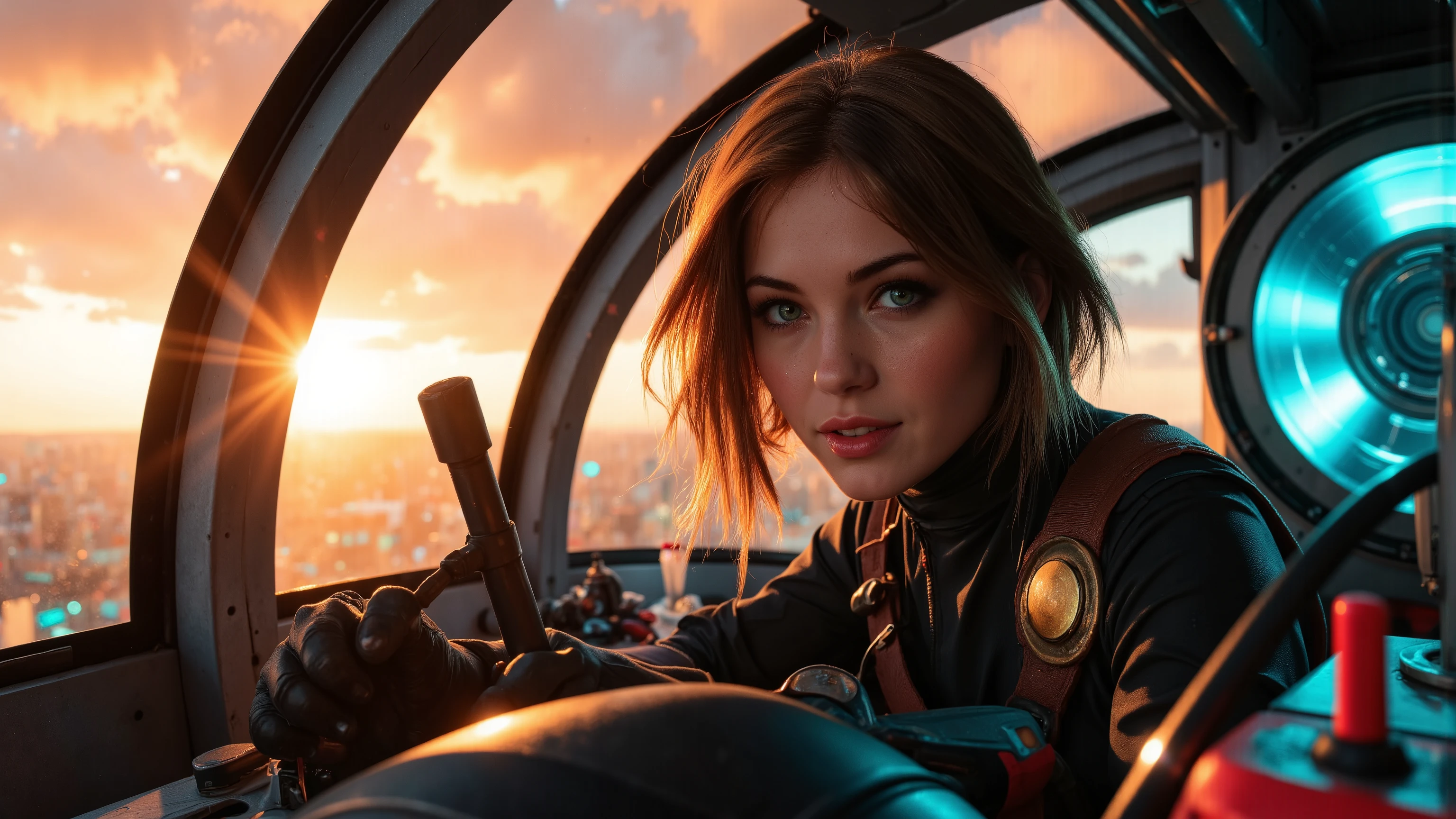 Close-up shot of a super-powered girl's intense gaze, eyes aglow with energy, as she expertly pilots her sleek light ship amidst the golden hour sky. The warm sunlight casts a radiant glow on her determined face, illuminated by the cockpit window showcasing the cityscape and distant horizon. Her hands grip the controls with precision, framed by the vibrant neon lights and sharp shadows. Ultra-detailed skin texture, complete with pores, meets the vast panorama of the city below, set against the breathtaking backdrop of a ray-traced sky. This cinematic masterpiece is a testament to the art of photorealism, capturing every detail in stunning UHD, HDR, 16K resolution, worthy of an award-winning film.