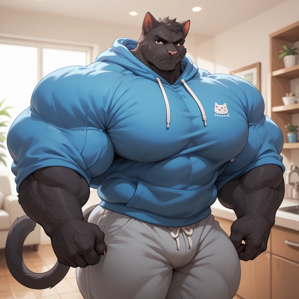 furry growth, big Bulge, hyper growth, hyper muscles,, a cat, cute, blue cat, shirtless, shorts, muscular, on a black background,