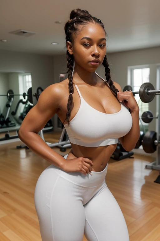 Jovem mulher com seios enormes collosais, Wearing a low-cut gym top and leggings, ebony skin, corpo fitness, bela garota,  Slim body, cabelo grande, Mulher baixa l, cabelo ondulado natural, deitada com as pernas abertas pro viewer,