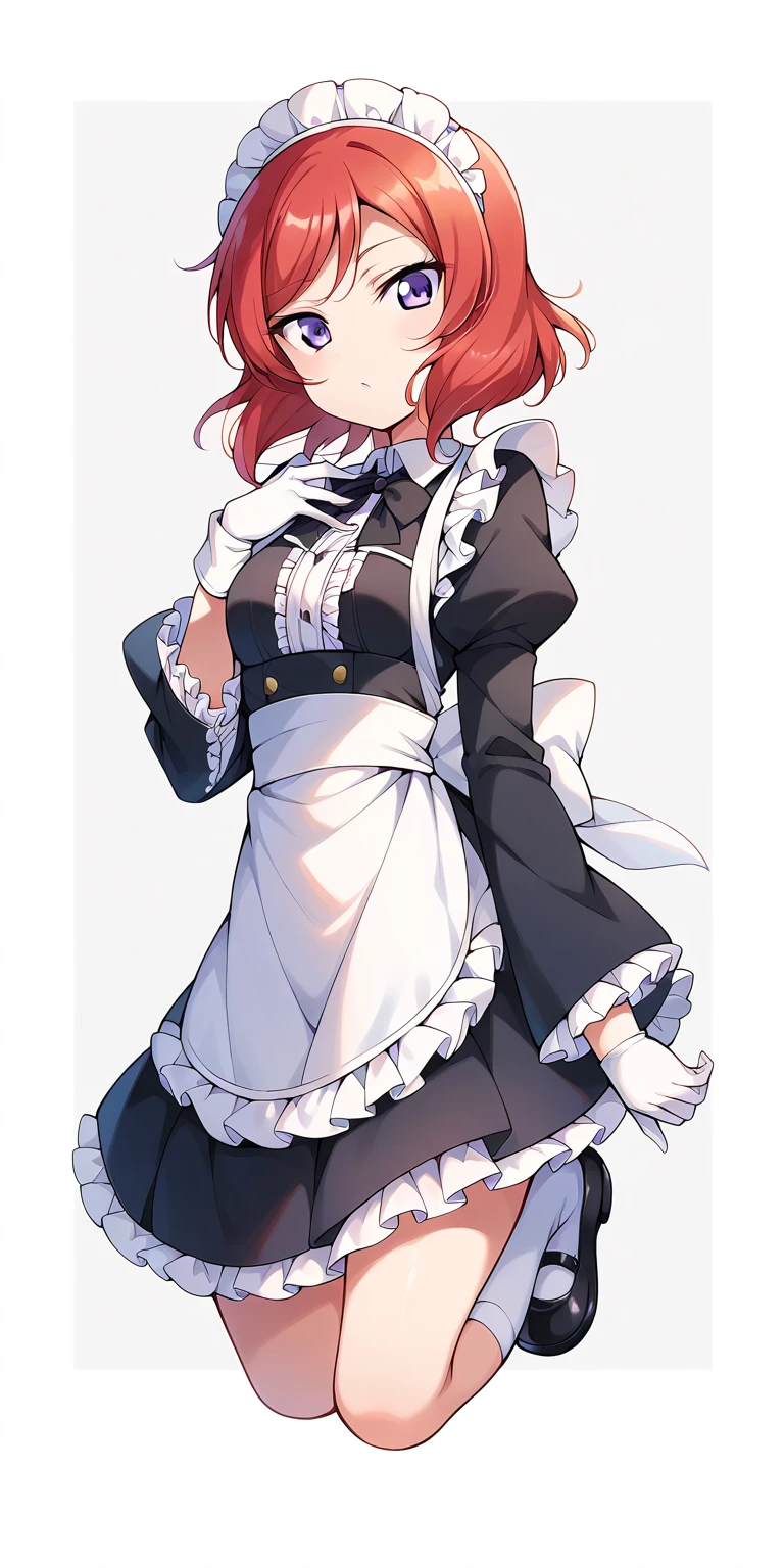 (8K、best image quality、highest quality、masterpiece)、detailed face、1 girl、Red hair、short hair、((ponytail))、yellow-green eyes、angry、earrings、small breasts、((maid))、short apron、miniskirt、Put your hands on your hips、Take from below、look down、cowboy shot、((white background))