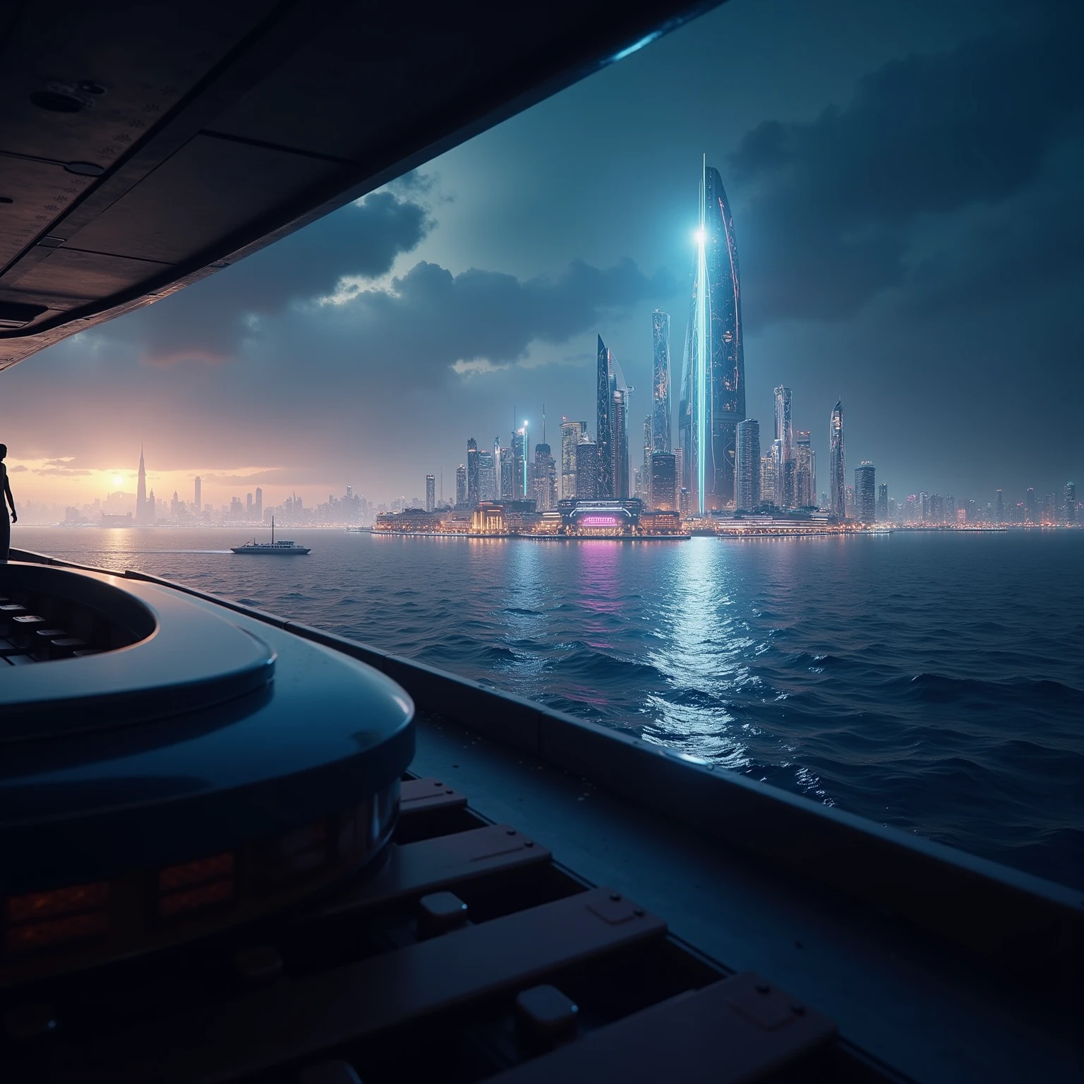 View of the futuristic city from a ship - SeaArt AI